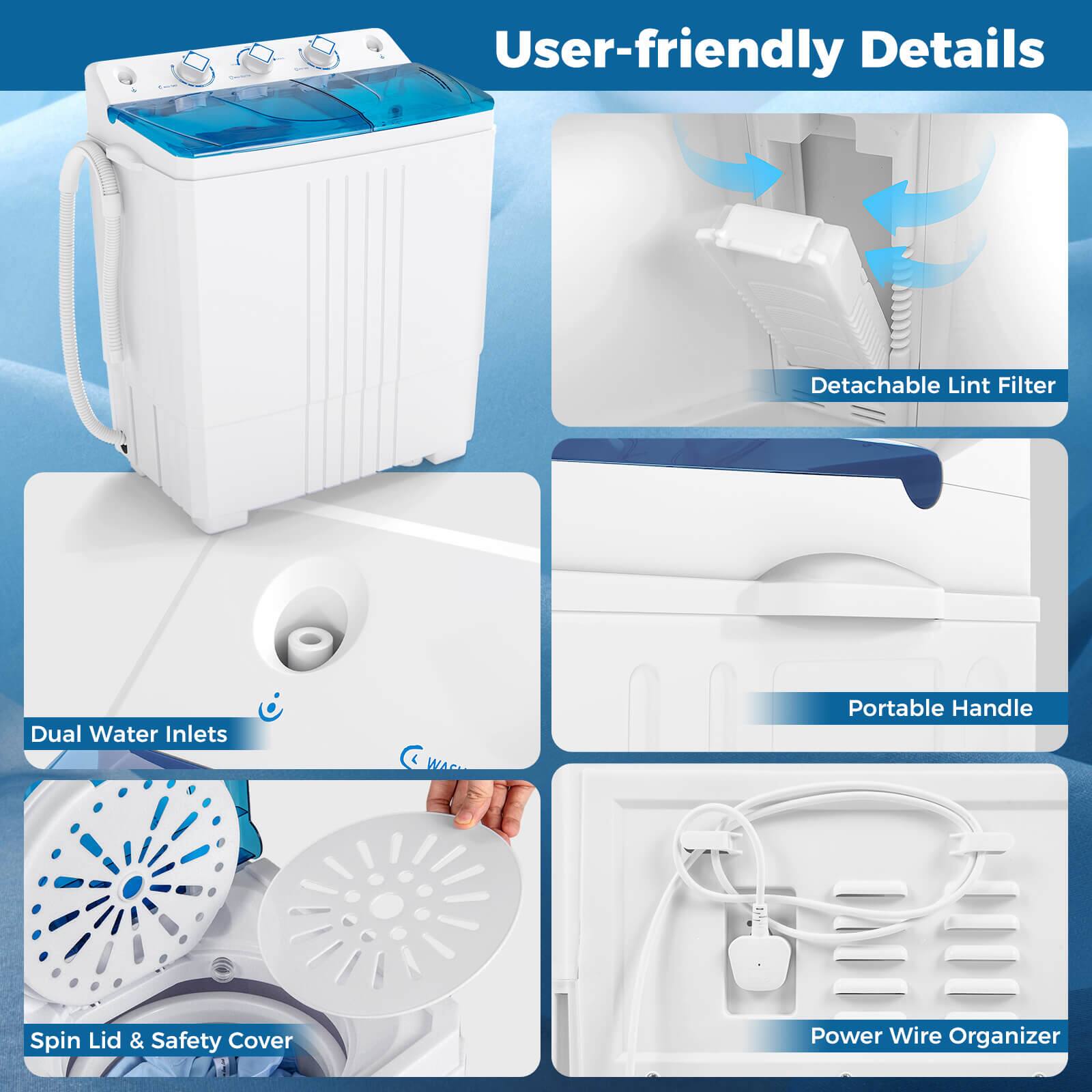 User-friendly Details

- Detachable Lint Filter
- Dual Water Inlets
- Spin Lid & Safety Cover
- Portable Handle
- Power Wire Organizer