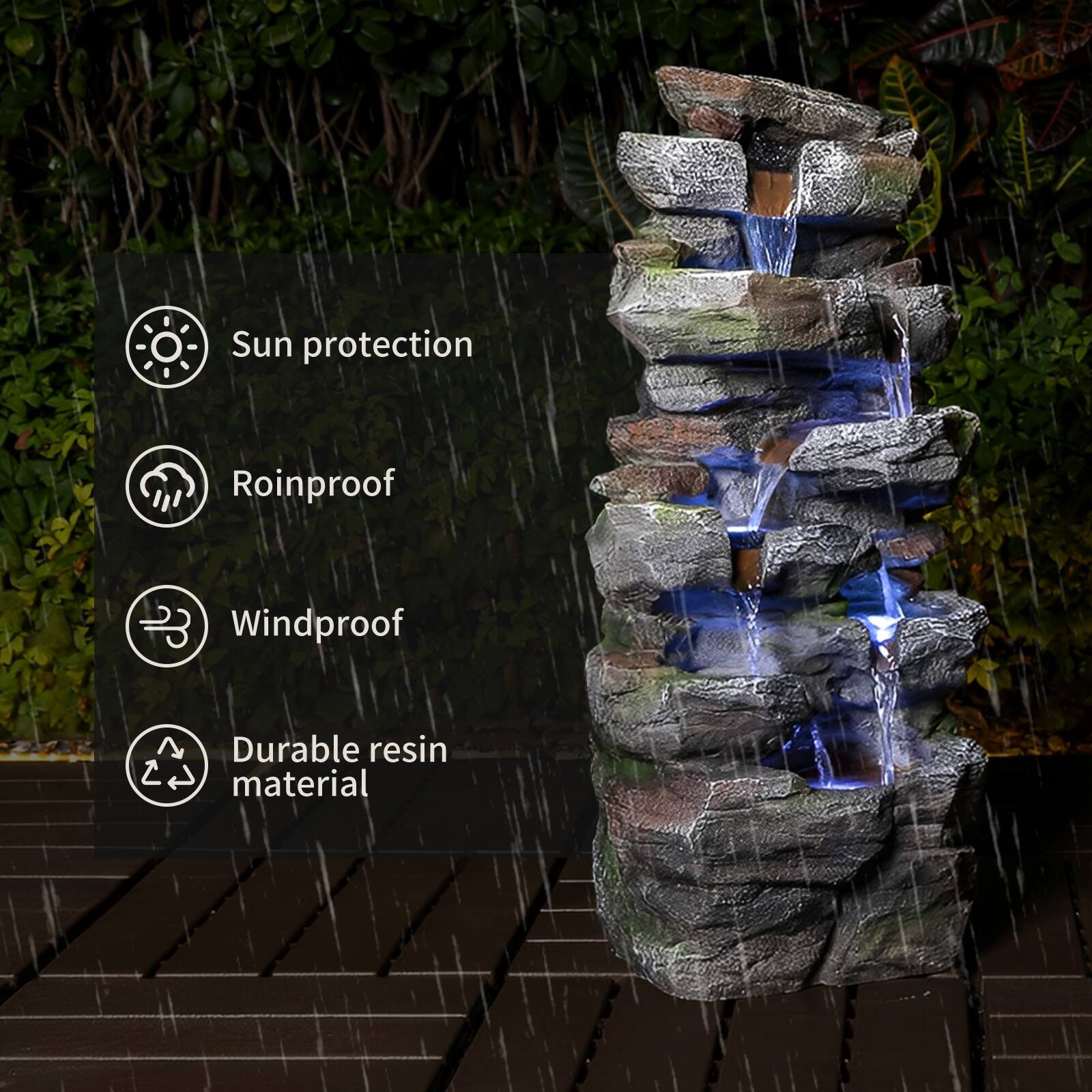Sun protection  
Rainproof  
Windproof  
Durable resin material