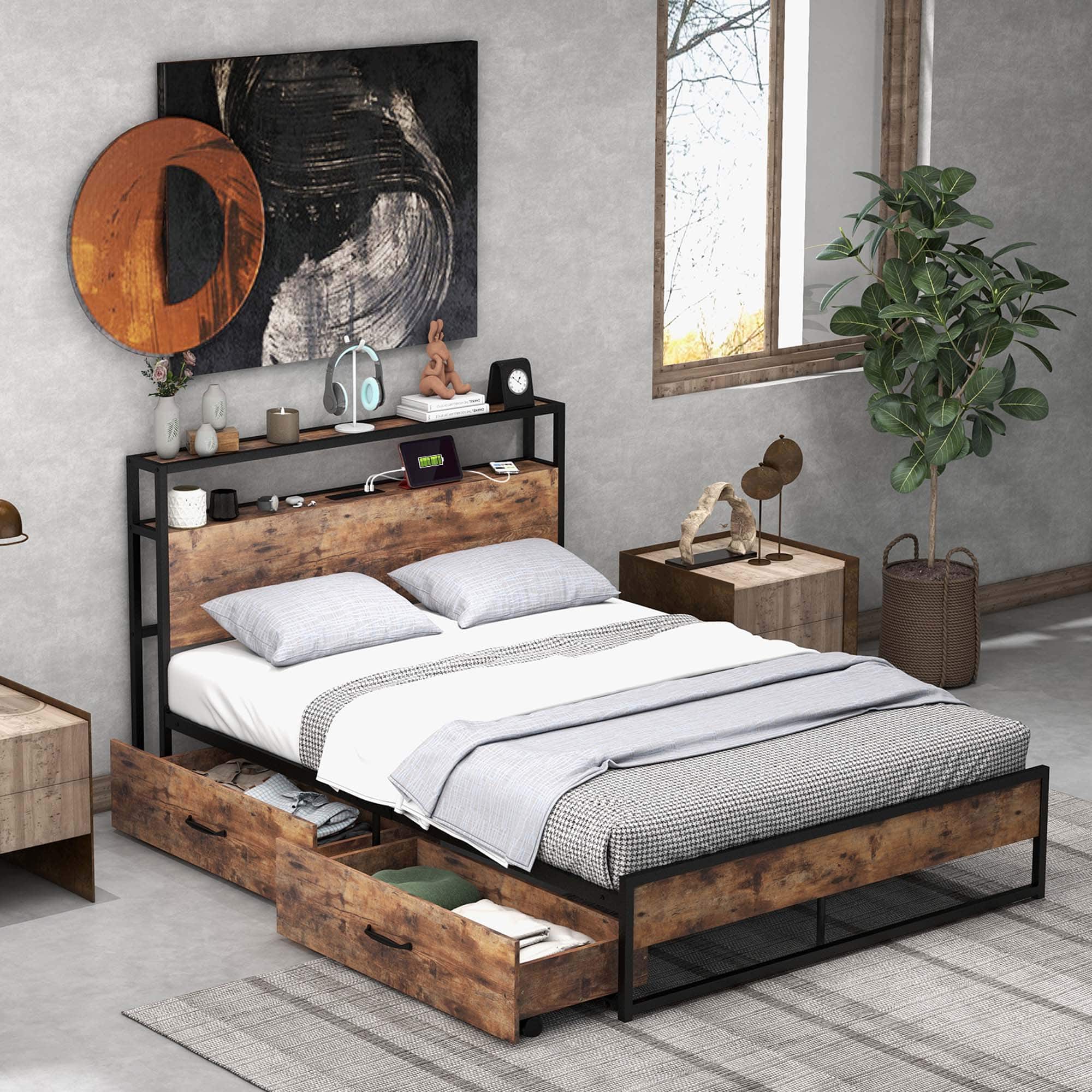 Costway - Full Industrial Platform Bed Frame with Drawer Storage Headboard Charging Station - White