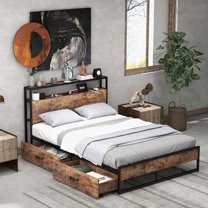 Front. Costway - Costway Full Industrial Platform Bed Frame with Drawer Storage Headboard Charging Station - White.