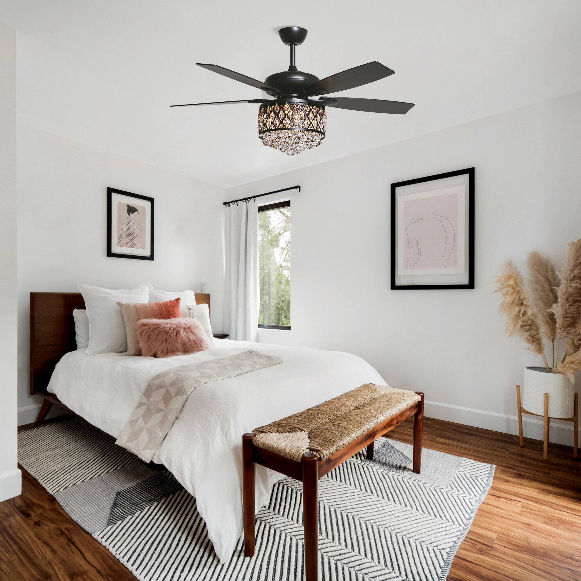 Left. Parrot Uncle - 52" Modern Black Crystal Chandelier Indoor Ceiling Fan with Remote - Black.