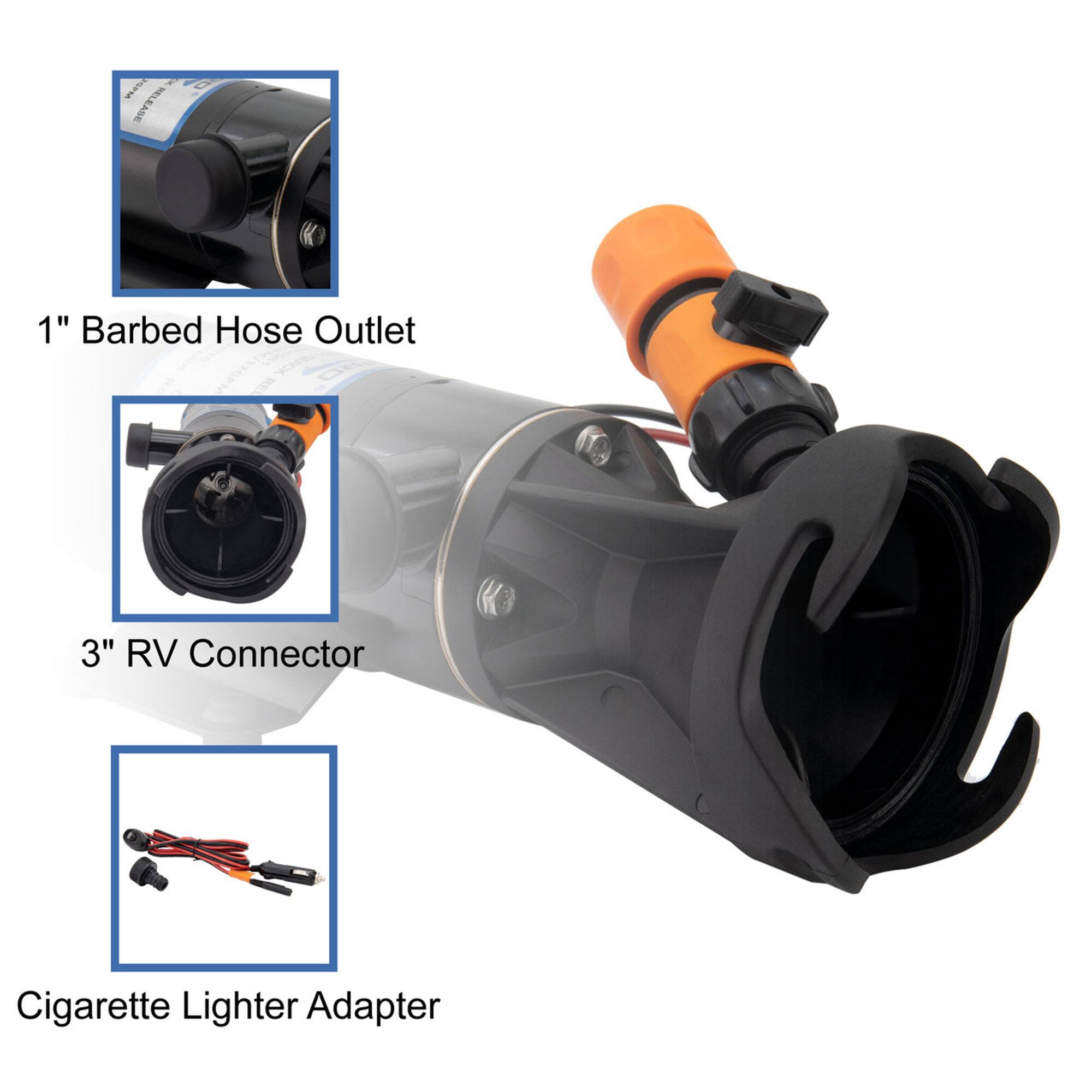 LANS - 8 RELEASE SAGE

1" Barbed Hose Outlet

3" RV Connector

Cigarette Lighter Adapter