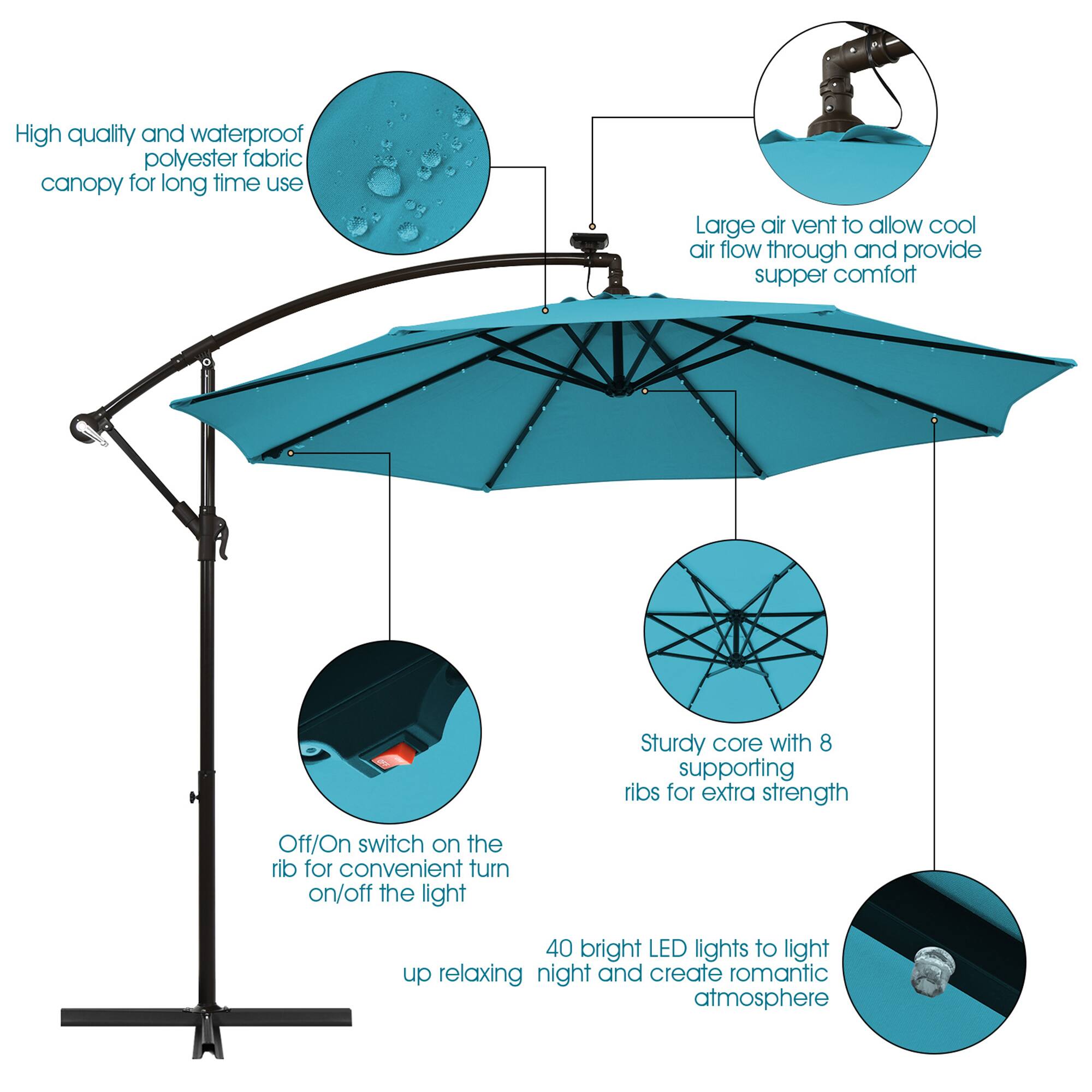 High quality and waterproof polyester fabric canopy for long time use

Large air vent to allow cool air flow through and provide superior comfort

Sturdy core with 8 supporting ribs for extra strength

Off/On switch on the rib for convenient turn on/off the light

40 bright LED lights to light up relaxing night and create romantic atmosphere