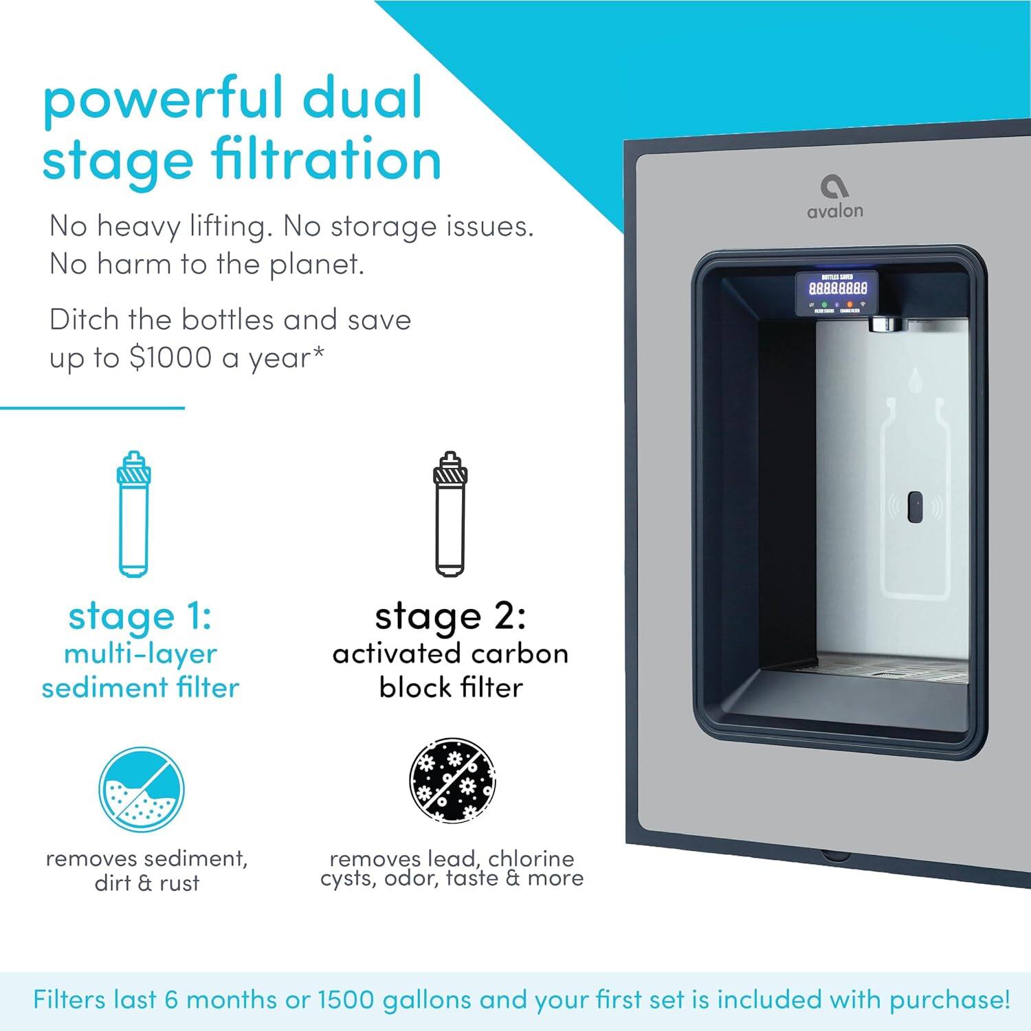 powerful dual stage filtration  
No heavy lifting. No storage issues. No harm to the planet.  
Ditch the bottles and save up to $1000 a year*  

avalon - 88888888  

stage 1:  
multi-layer sediment filter  
removes sediment, dirt & rust  

stage 2:  
activated carbon block filter  
removes lead, chlorine cysts, odor, taste & more  

Filters last 6 months or 1500 gallons and your first set is included with purchase!