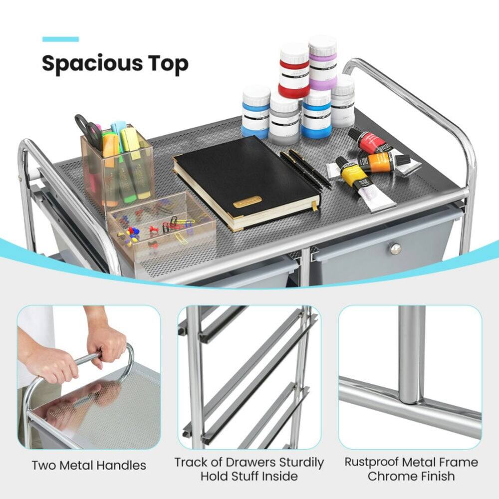 Spacious Top

- Two Metal Handles
- Track of Drawers Sturdily Hold Stuff Inside
- Rustproof Metal Frame Chrome Finish