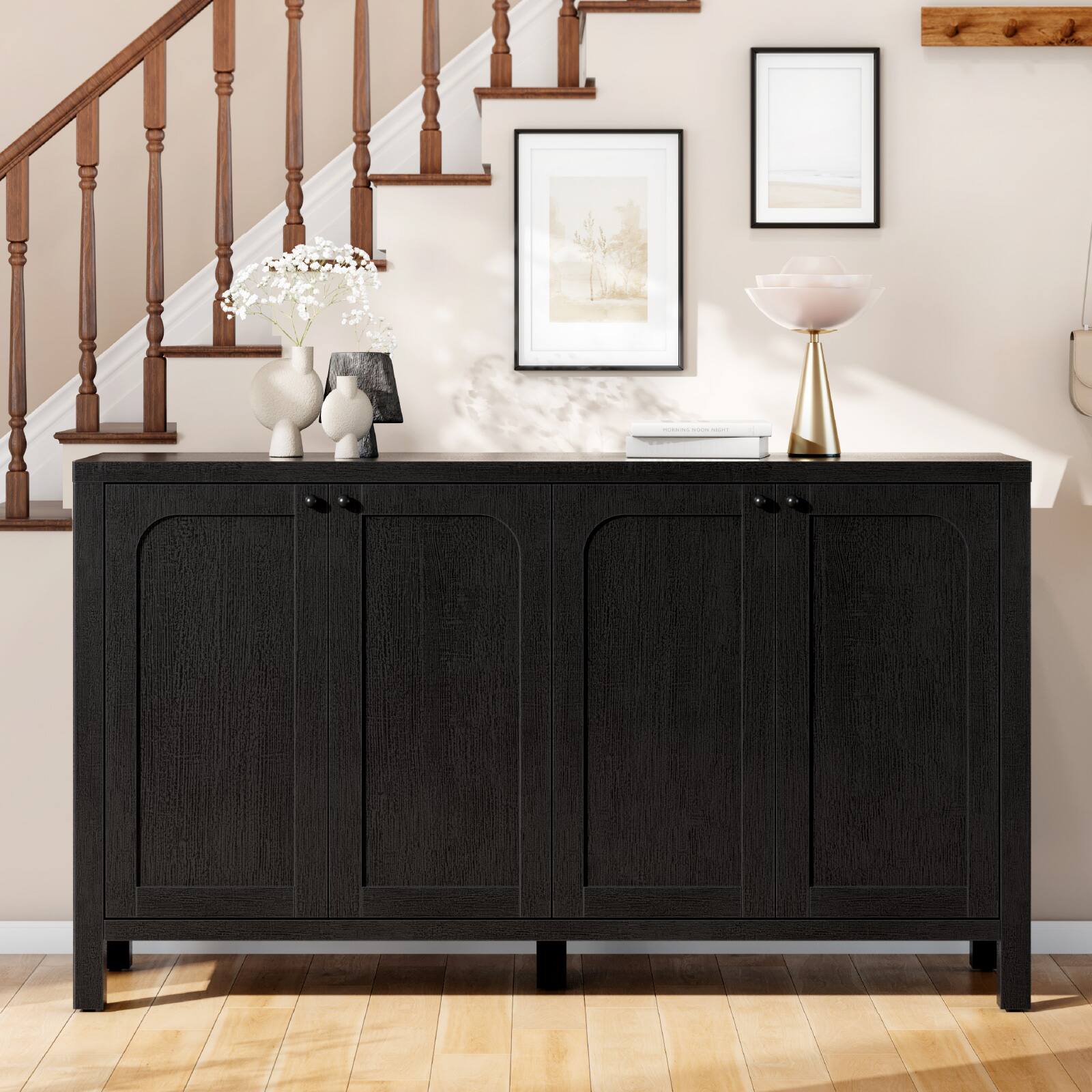 Angle. Sugift - 55" Black Sideboard Buffet Cabinet Modern Storage Credenza with Doors Heavy Duty Wood Media Console - Black.