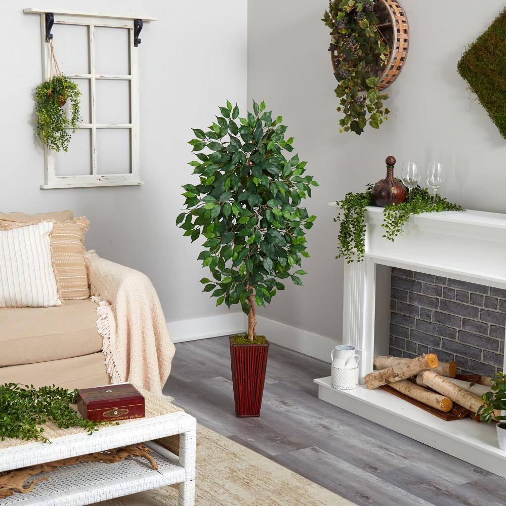 Front. BreeBe - 5' Ficus Artificial Tree in Bamboo Planter - Green.