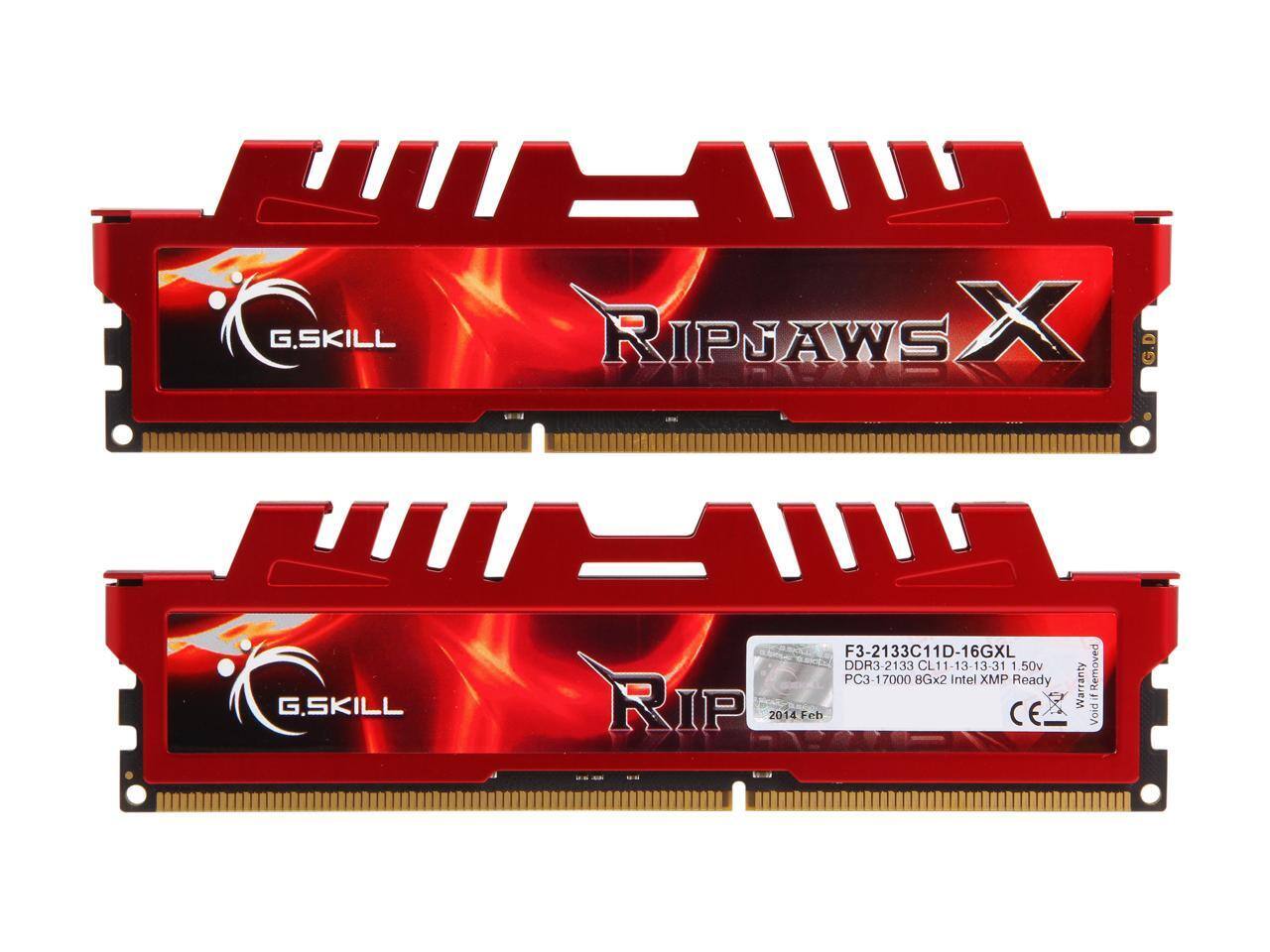 G.SKILL RIPJAWS X  
F3-2133C11D-16GXL  
DDR3-2133 CL11-13-13-31  
1.50V  
PC3-17000 8Gx2  
Intel XMP Ready  
2014 Feb  
CE  
Warranty Removed if Void