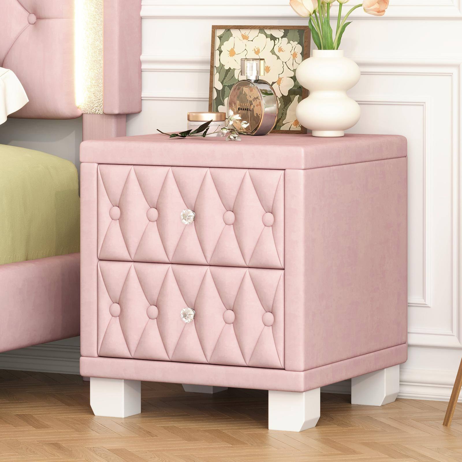 Angle. Spaco - Spaco Elegant Velvet Nightstand with 2 Drawers and Crystal Handle, Storage Bedside Table with Button-Tufted for Bedroom - Pink.