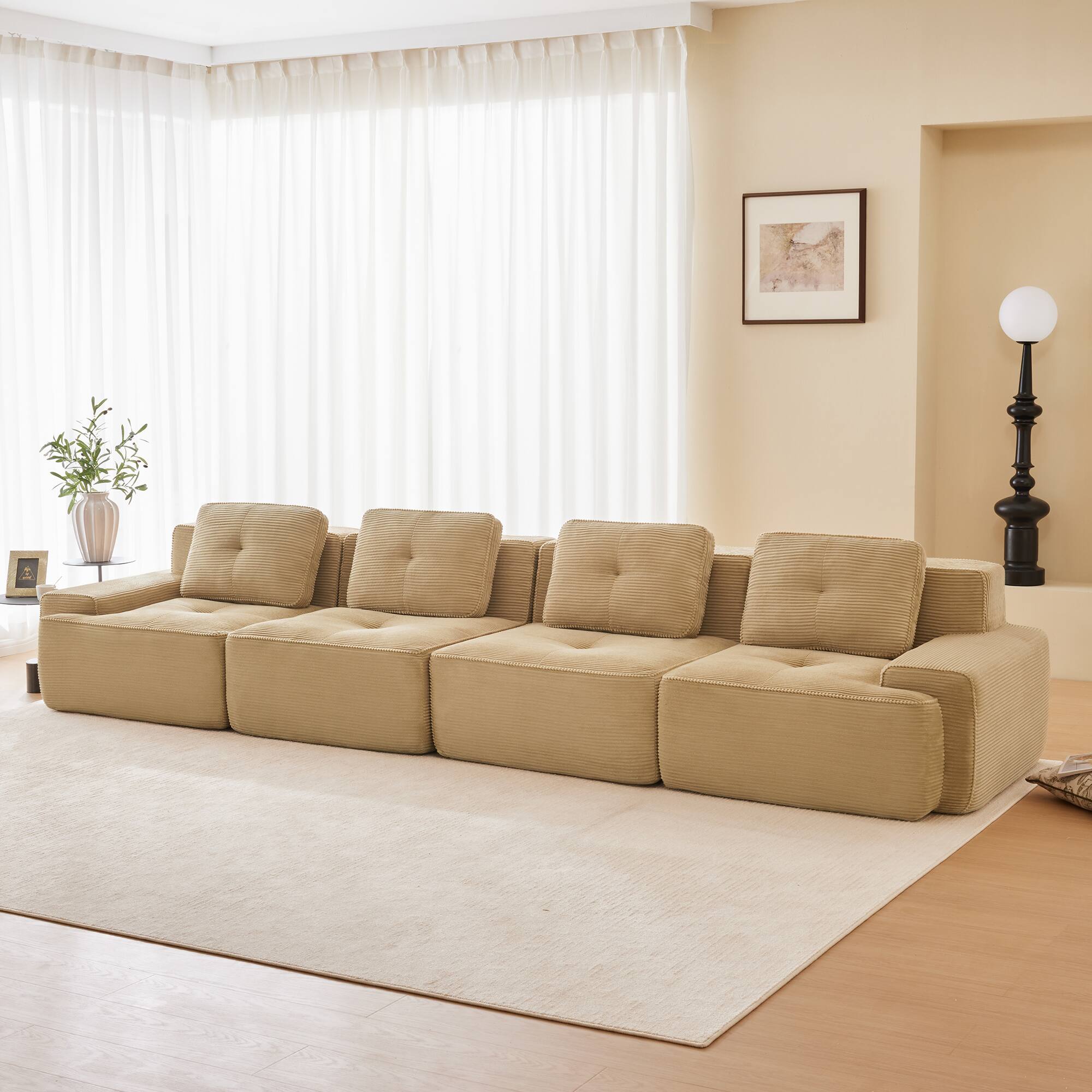 Angle. LOVMOR - 153 inch Modular Deep Seat No Assembly 4 Seater Corduroy Sectional Couch Compressed Pack Anti Slip Tufted Soft - Camel.
