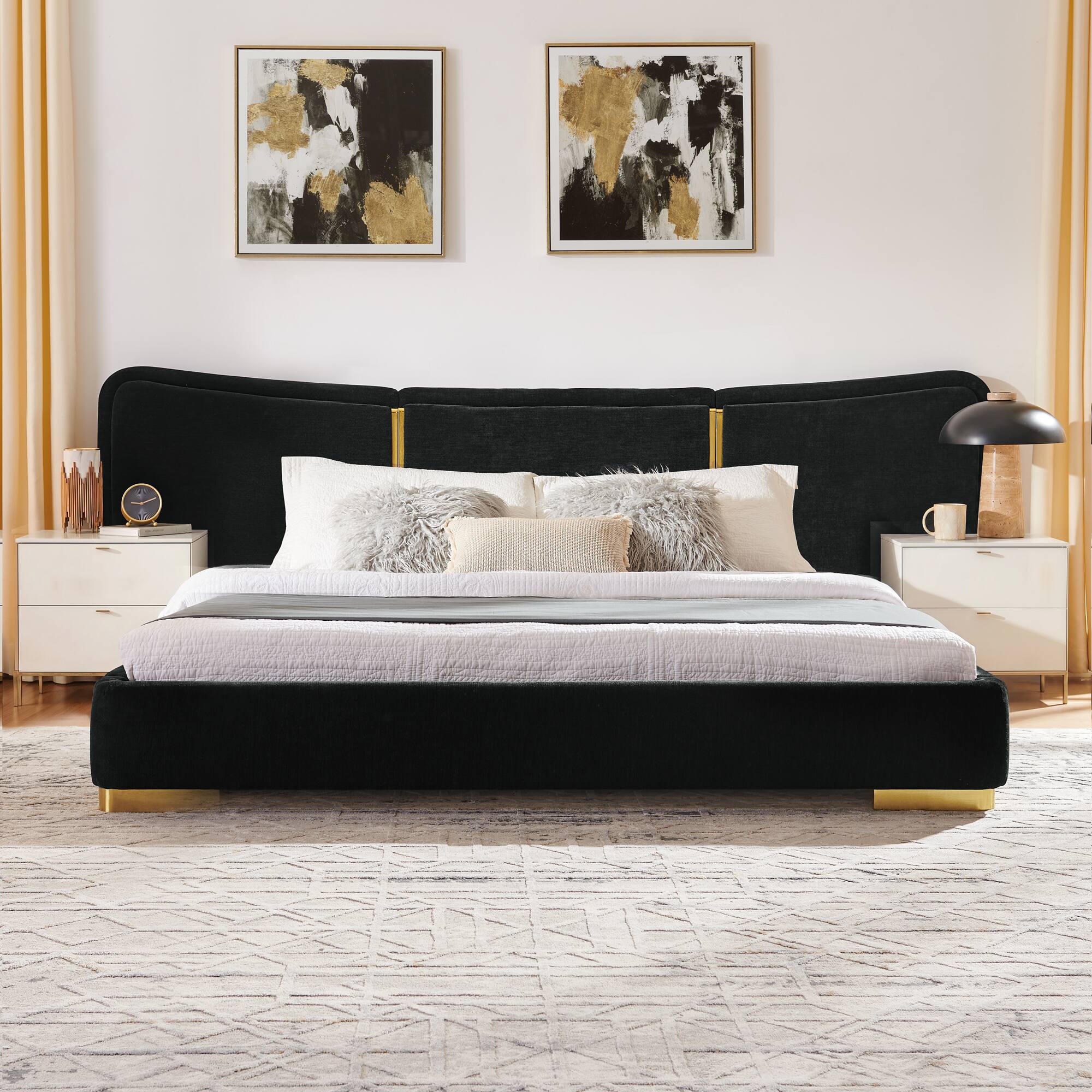 Angle. Whisen - Upholstered Platform Bed,Soft Chenille Fabric Frame with Curved Headboard & Metal Legs - Black.