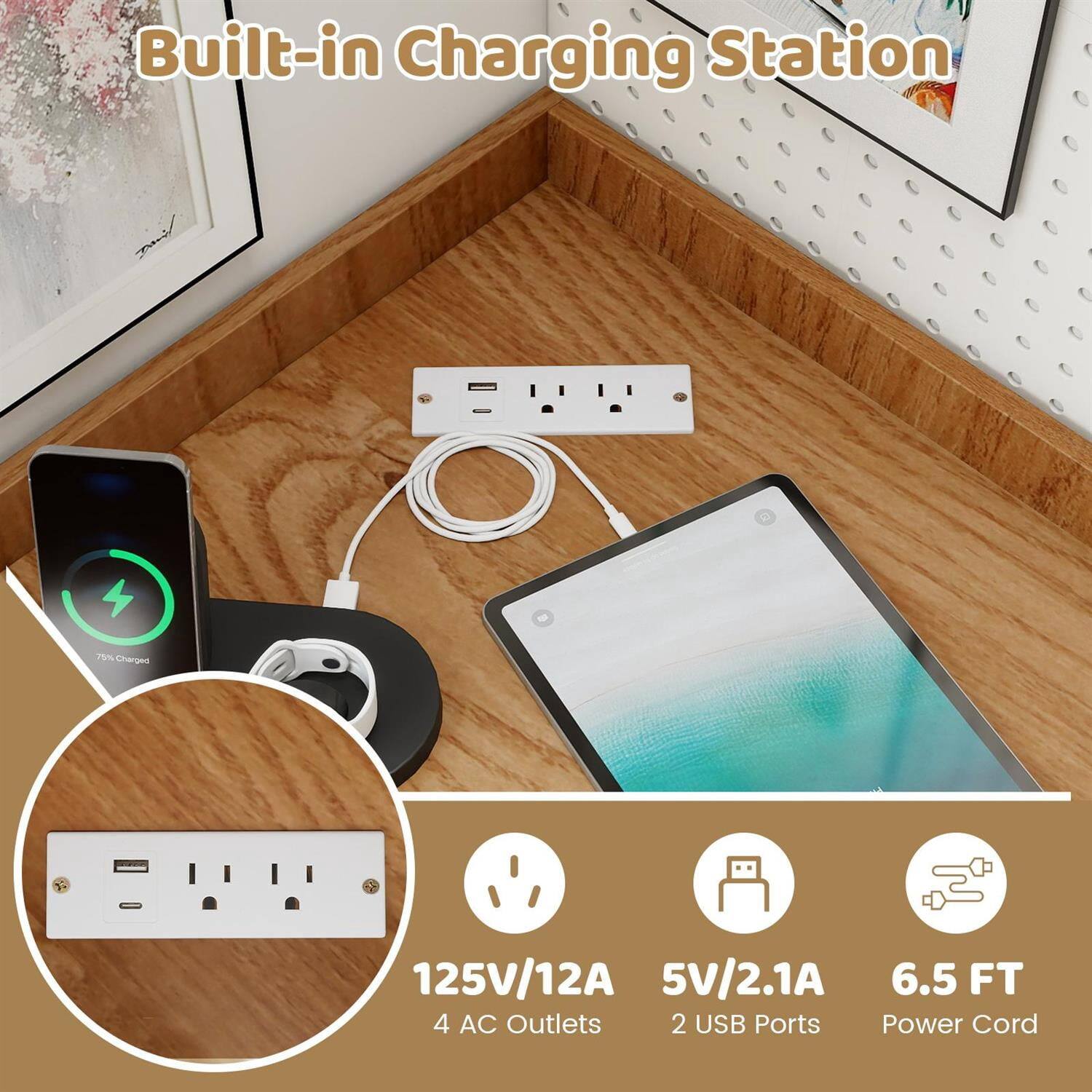 Built-in Charging Station

- 75% Charged
- 125V/12A
- 5V/2.1A
- 4 AC Outlets
- 2 USB Ports
- 6.5 FT Power Cord