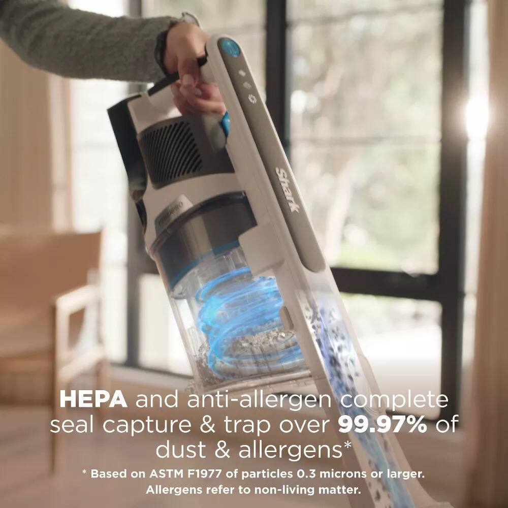 Shark  
HEPA and anti-allergen complete seal capture & trap over 99.97% of dust & allergens*  
Based on ASTM F1977 of particles 0.3 microns or larger.  
Allergens refer to non-living matter.