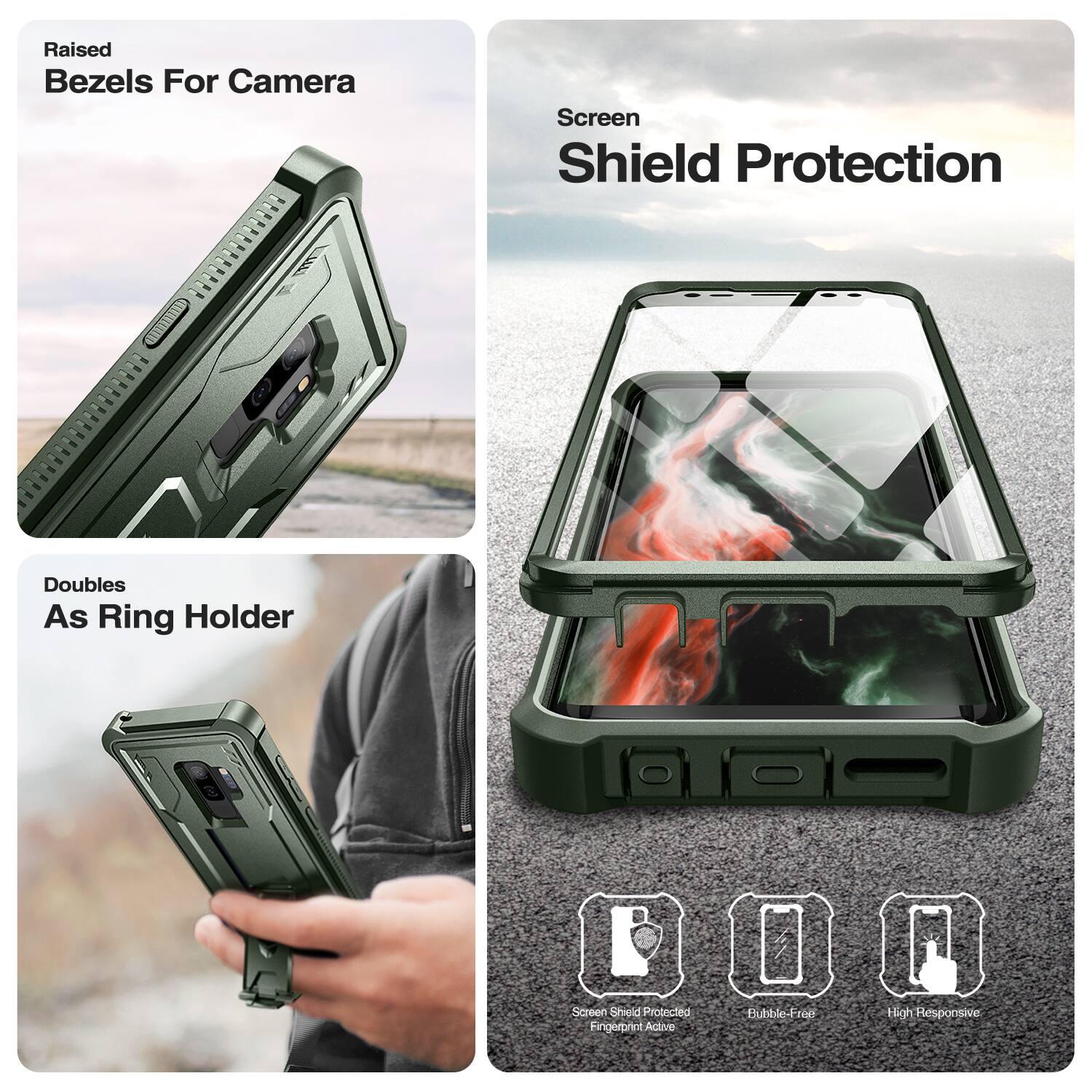 Raised Bezels For Camera  
Screen Shield Protection  
Doubles As Ring Holder  

Screen Shield Protected Fingerprint Active  
Bubble-Free  
High Responsive