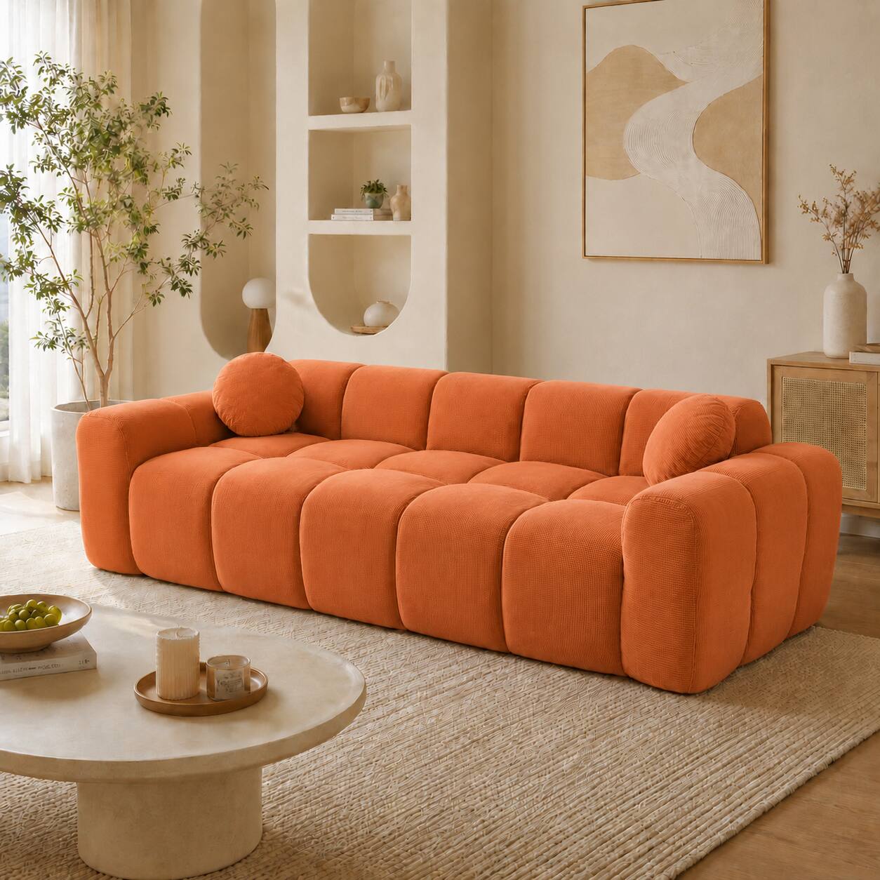 Angle. Anysun - 98.4" Extra Large Compression Sofa – Corduroy Cloud Puff Couch with 2 Pillows, Vacuum Packed Easy to Move - Orange.