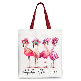 OrnamentallyYou - Flamingo Hello Summer Canvas Tote Bag, Retro Gift Shopper with Tropical Birds - White Red