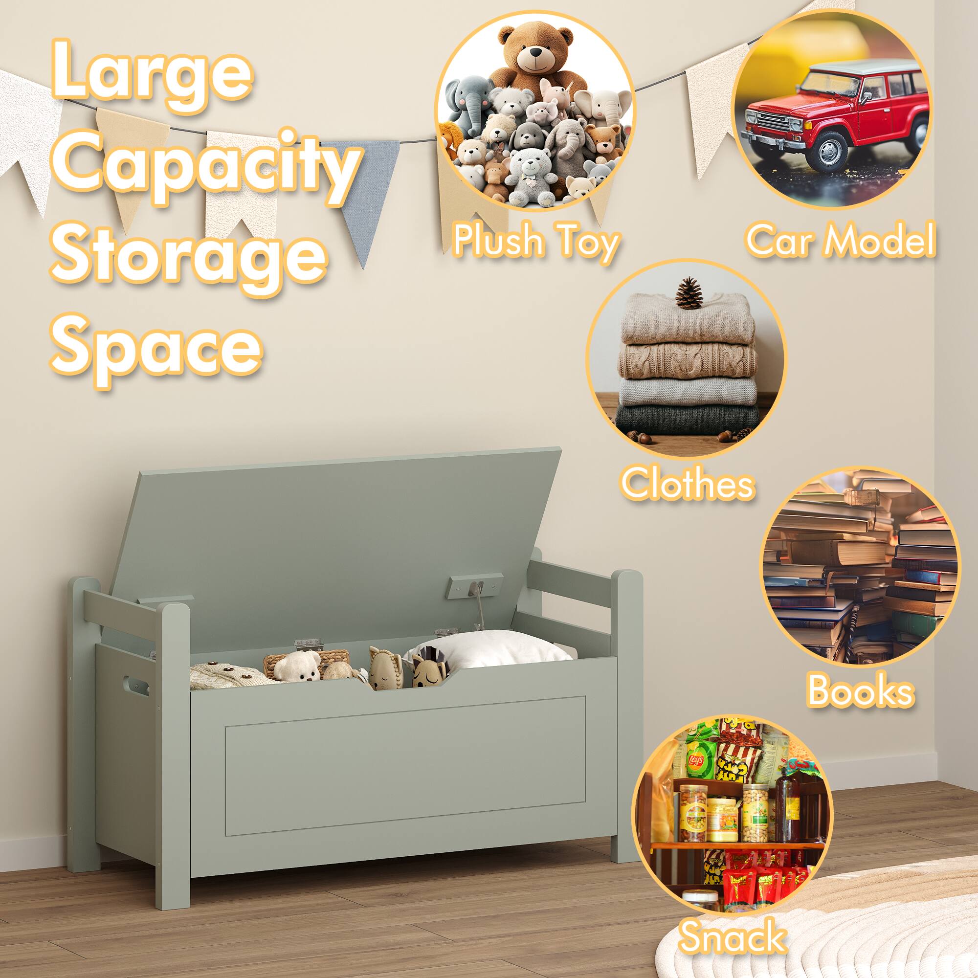 Large Capacity Storage Space

- Plush Toy
- Car Model
- Clothes
- Books
- Snack