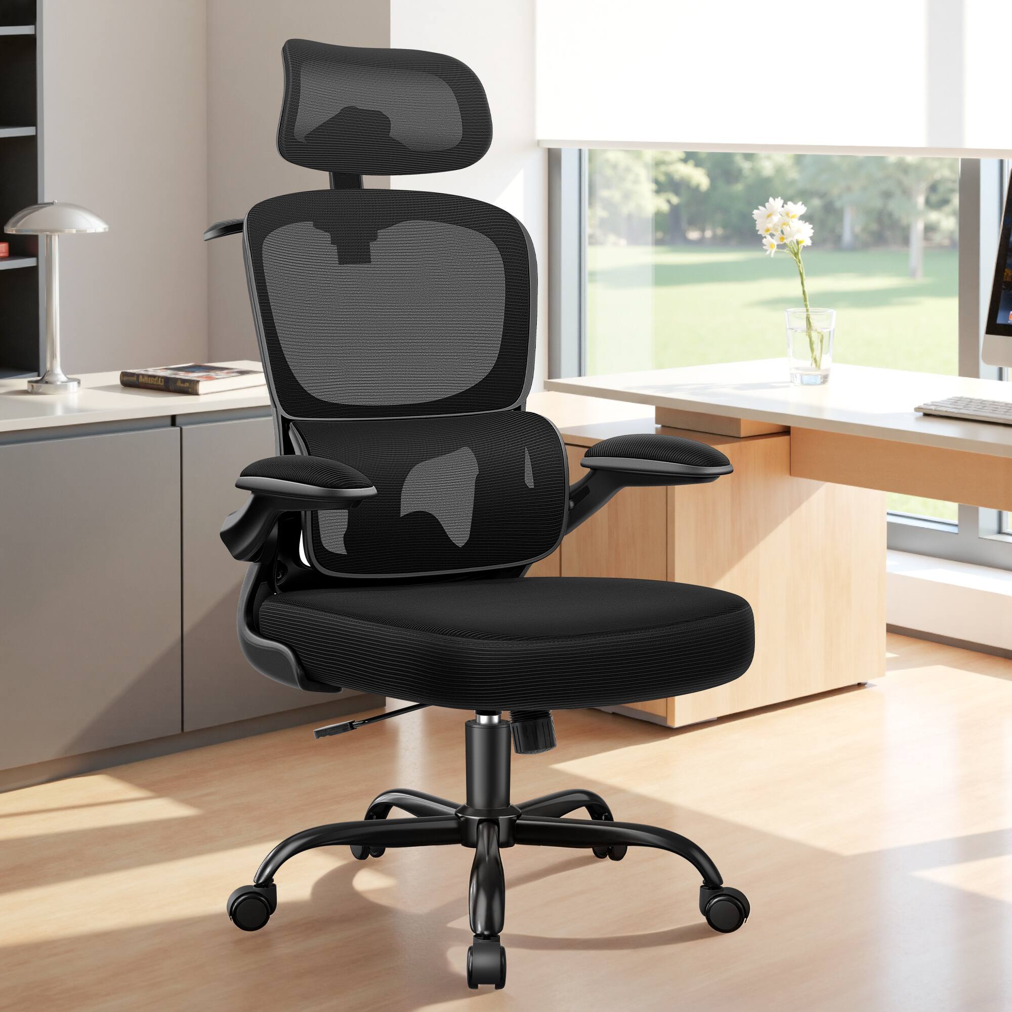 Alt View 5. KERDOM - Ergonomic Office Chair with 3D Adjustable Lumbar Support & Headrest, Breathable Mesh Tilt Computer Chair, Filp-up Arms - Black with Headrest.