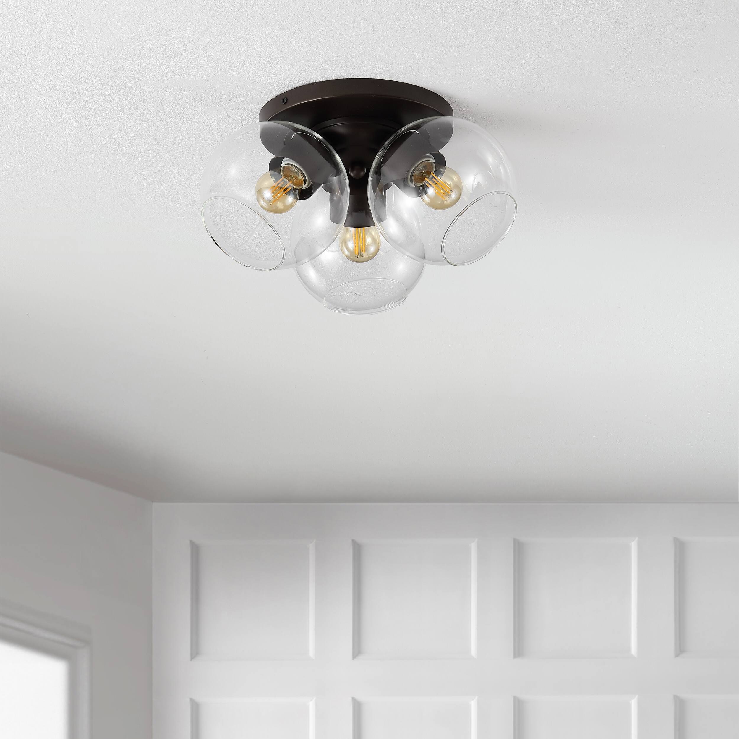 Alt View 5. Jonathan Y - Iris 11.5" 3-Light Farmhouse Rustic Iron/Glass LED Semi Flush Mount, Oil Rubbed Bronze/Clear - Oil Rubbed Bronze.