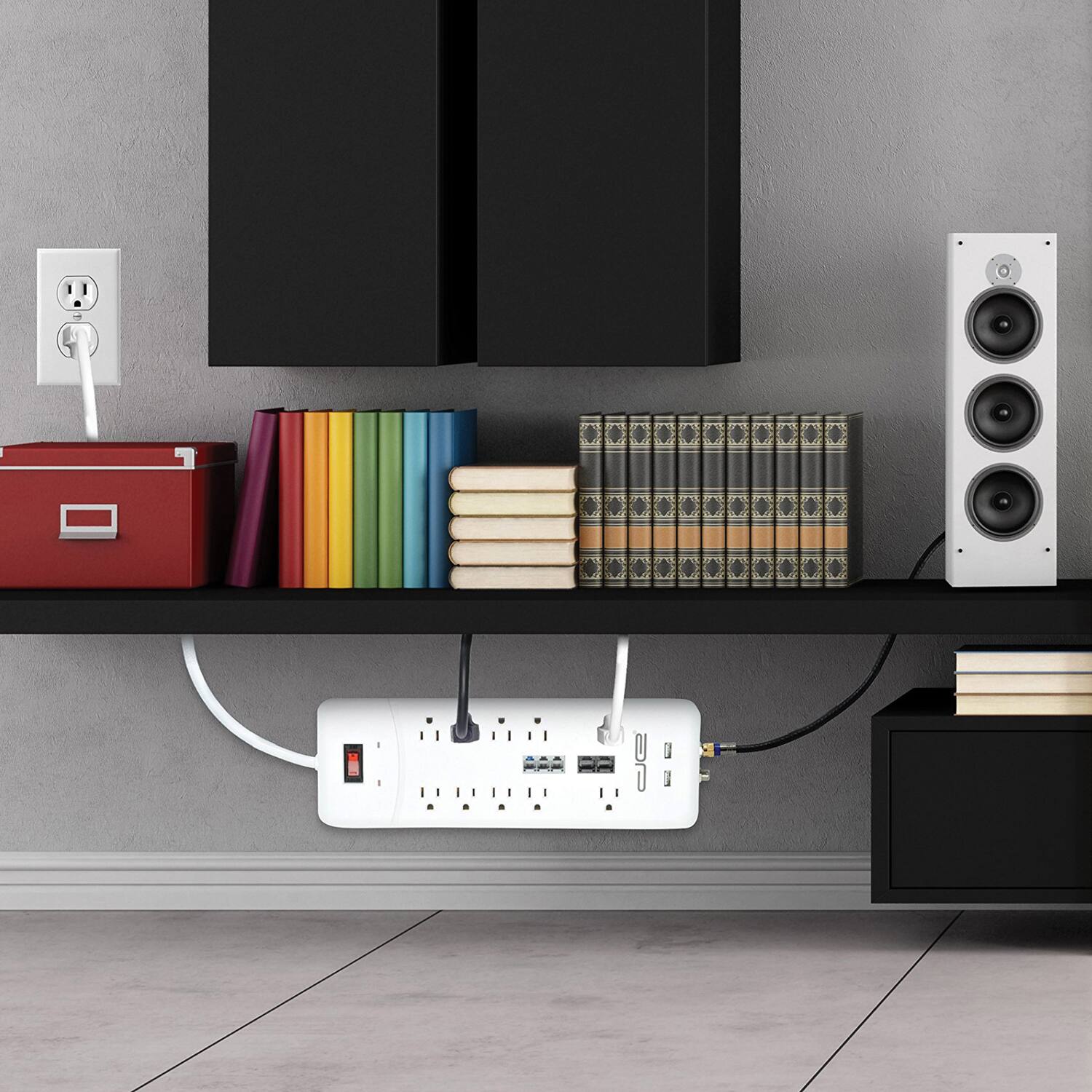 Back. Digital Energy - 10-AC Outlet, 2-USB Port, Coax 3,500-Joule Heavy-Duty Surge Protector Power Strip, 25 Ft Cord - White.