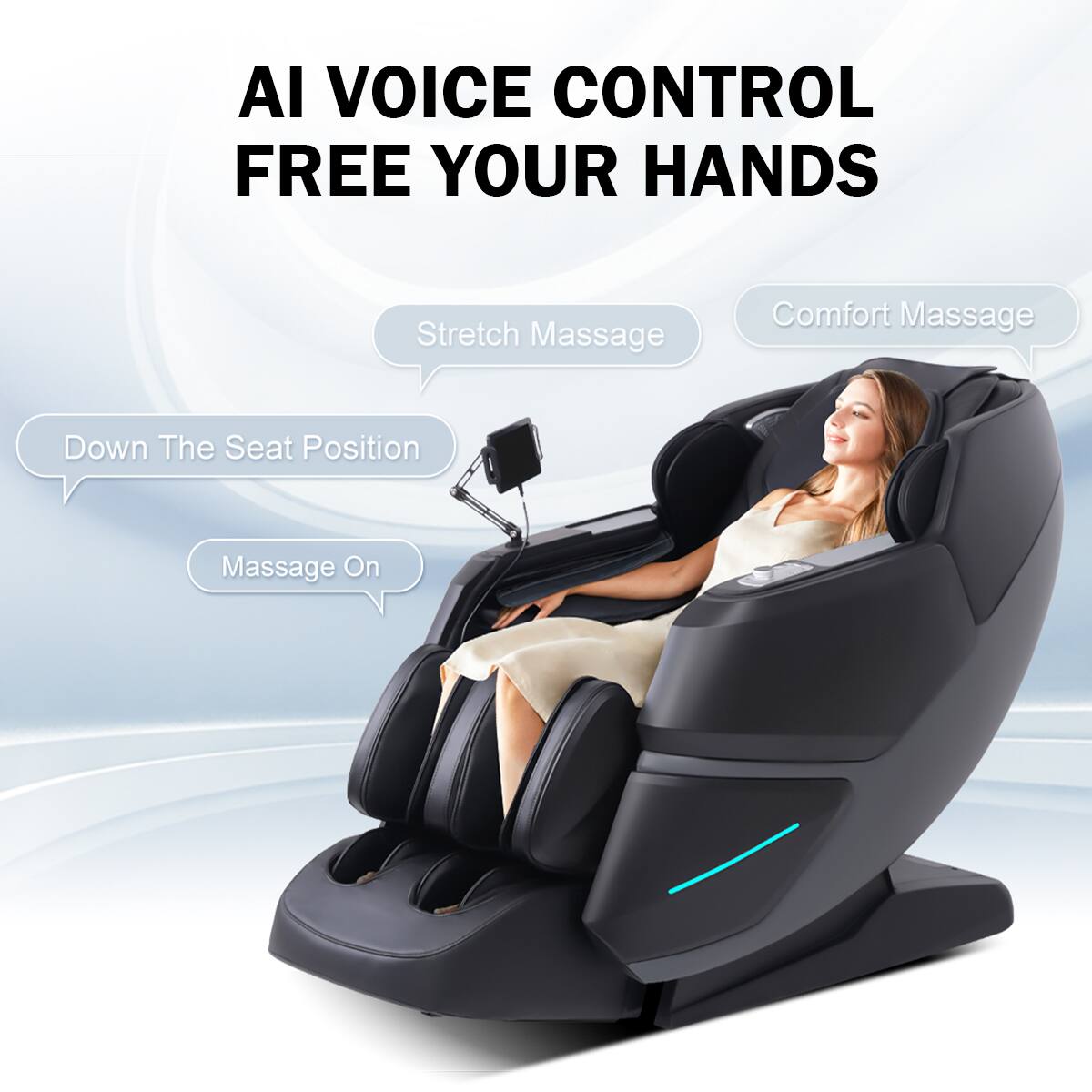 AI VOICE CONTROL  
FREE YOUR HANDS  

- Stretch Massage  
- Comfort Massage  
- Down The Seat Position  
- Massage On