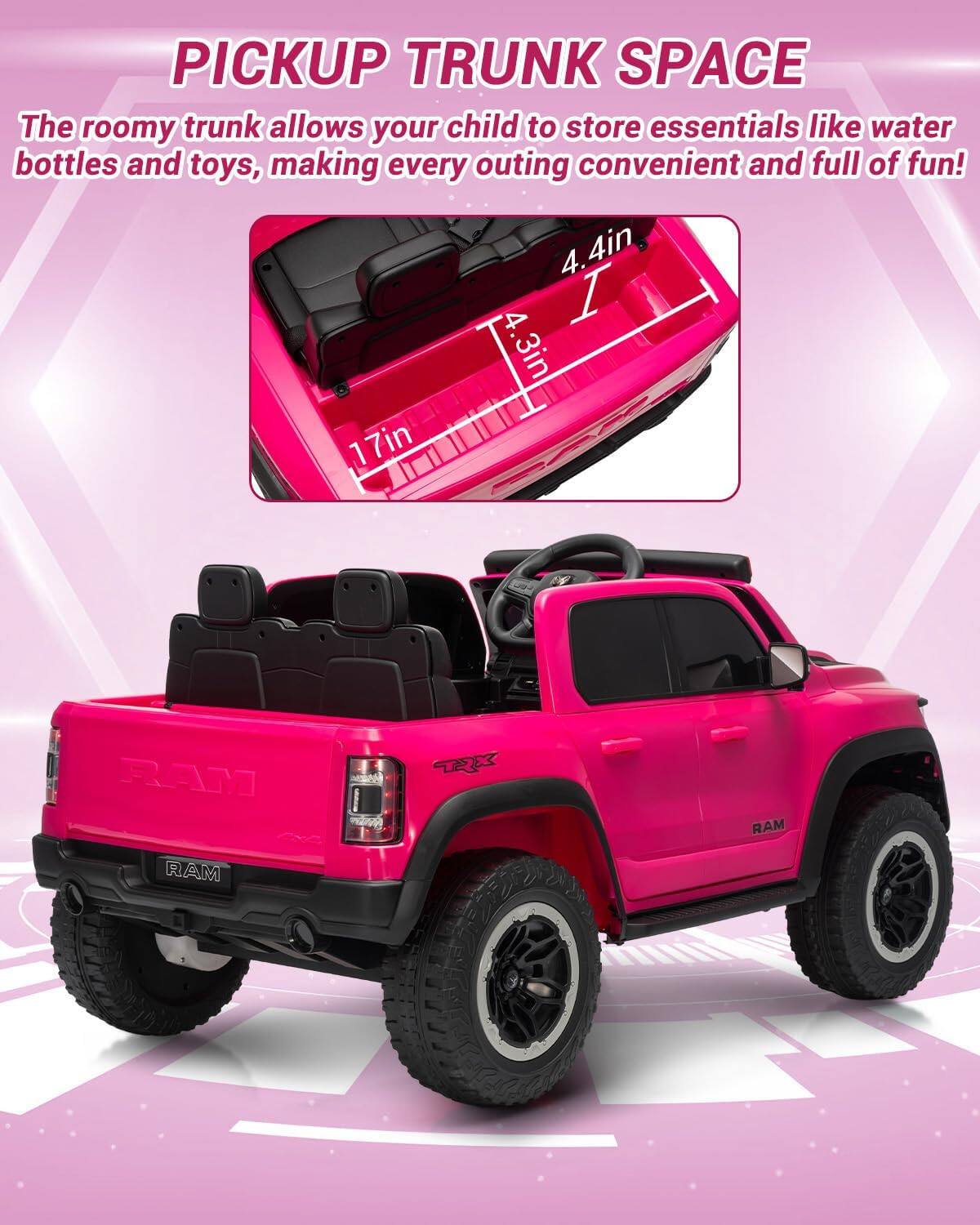 PICKUP TRUNK SPACE

The roomy trunk allows your child to store essentials like water bottles and toys, making every outing convenient and full of fun!

4.4in  
4.3in  
17in