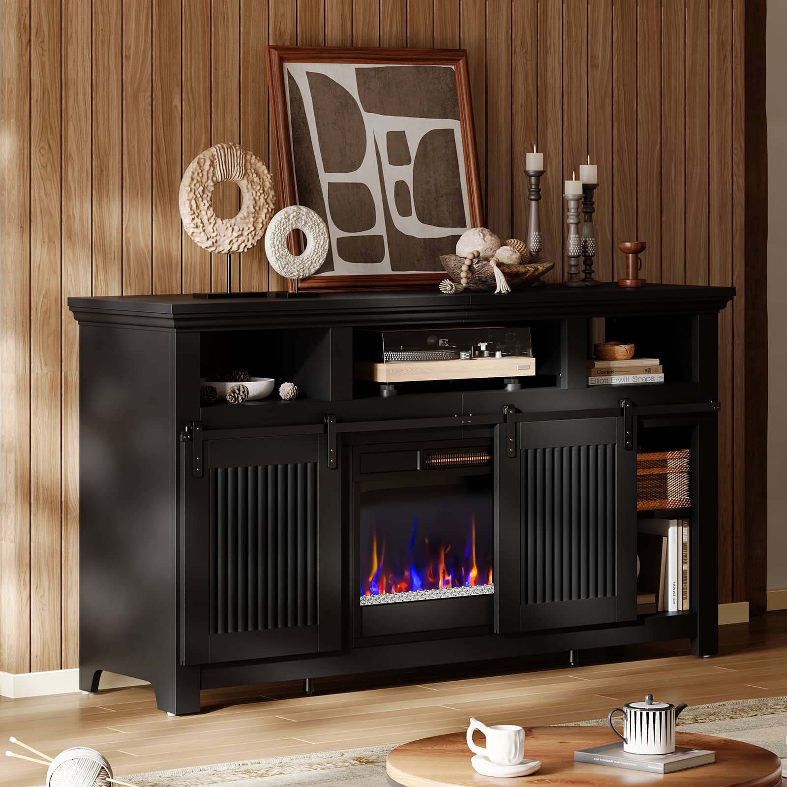 Bestier - 60.7" Farmhouse Electric Fireplace TV Stand with 3D Crystal Flames & Sliding Barn Doors, Media Console for 65" TVs - Black