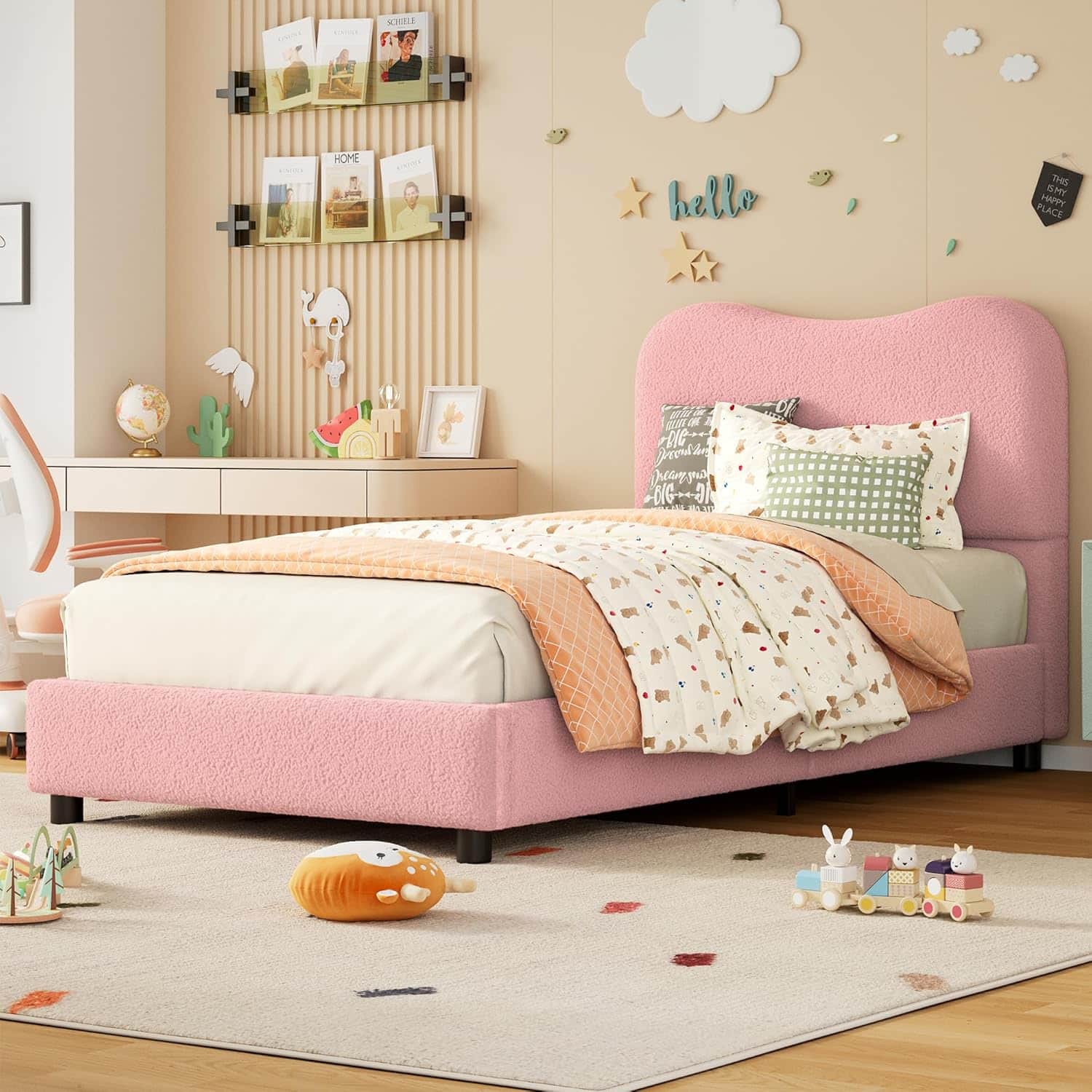 Qeetex - Kids Upholstered Platform Bed, Soft Boucle Fabric with Low Profile Frame & Wood Slats, Boys/Girls Bedroom - Pink