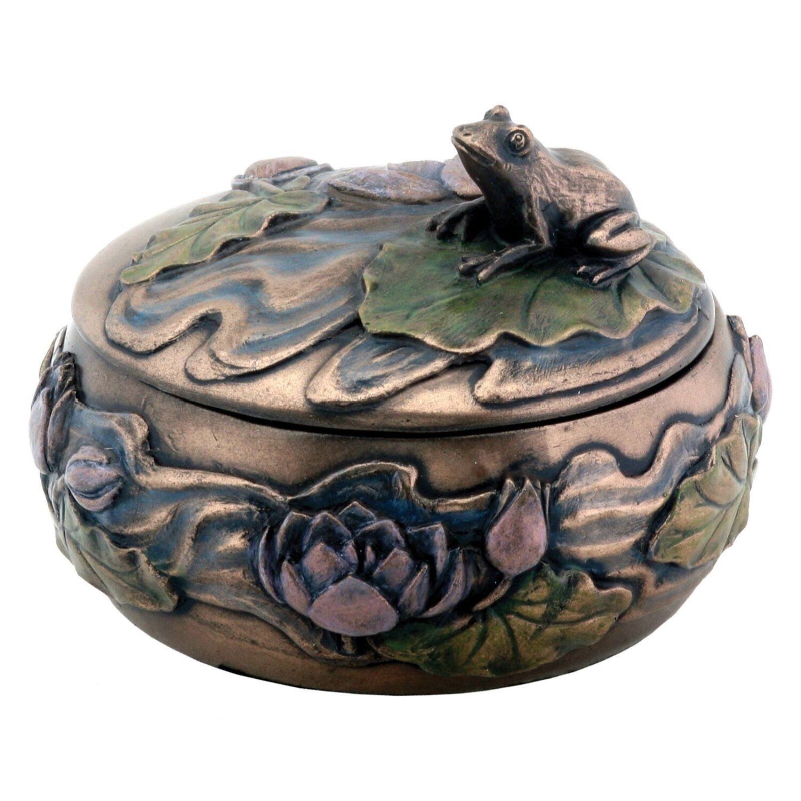 Front. Pacific Trading - Art Nouveau Frog Sitting on Lily Pad Jewelry Trinket Keepsake Box Container Decoration 3 inch - Bronze.