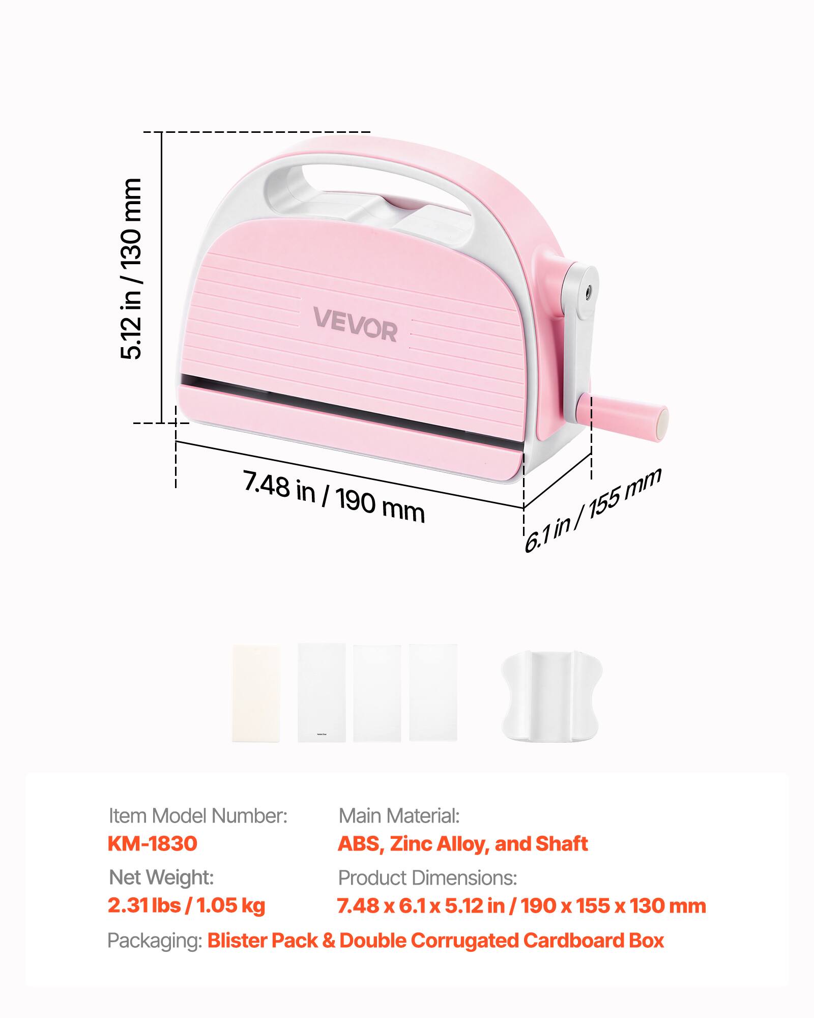 mm 130 5.12 5.12 in / 130 in VEVOR 7.48 in I 190 mm mm 6.1in/155mm 155 6.1 in Item Model Number: Main Material: KM-1830 ABS, Zinc Alloy, and Shaft Net Weight: Product Dimensions: 2.31 lbs 1.05 kg 7.48 X 6.1 x 5.12 in 190 x 155 x 130 mm Packaging: Blister Pack & Double Corrugated Cardboard Box