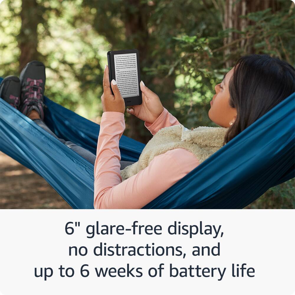 The text on the image reads: "6" glare-free display, no distractions, and up to 6 weeks of battery life."
