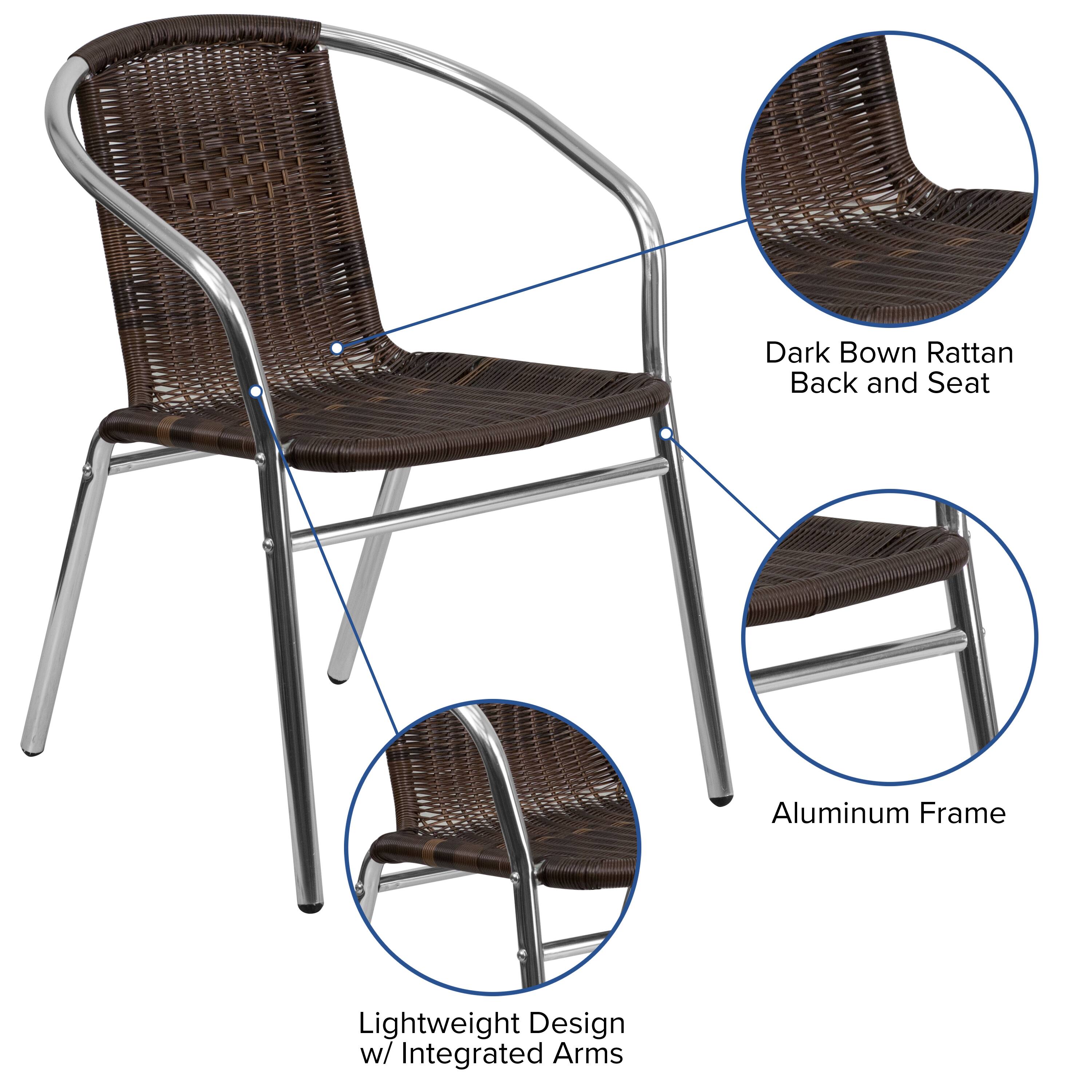 Dark Brown Rattan Back and Seat Aluminum Frame Lightweight Design w/ Integrated Arms