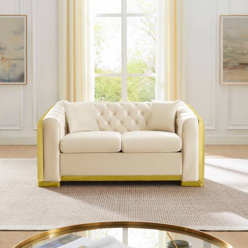 Front. Anysun - 2-Seater Velvet Split Sofa with Gold Stainless Steel - Light Luxury Minimalist Design, Includes 2 Pillows - Beige.