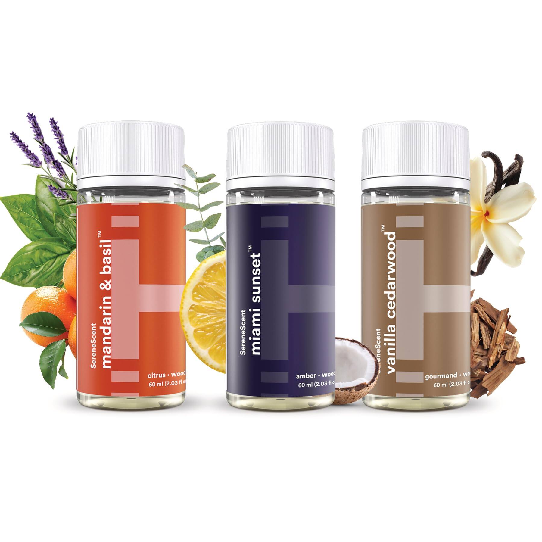 Sure, here is the corrected and grouped text:
1. **mandarin & basil**
- SereneScent
- citrus - wood
- 60 ml (2.03 fl oz)
2. **miami sunset**
- SereneScent
- amber - wood
- 60 ml (2.03 fl oz)
3. **vanilla cedarwood**
- SereneScent
- gourmand - wood
- 60 ml (2.03 fl oz)