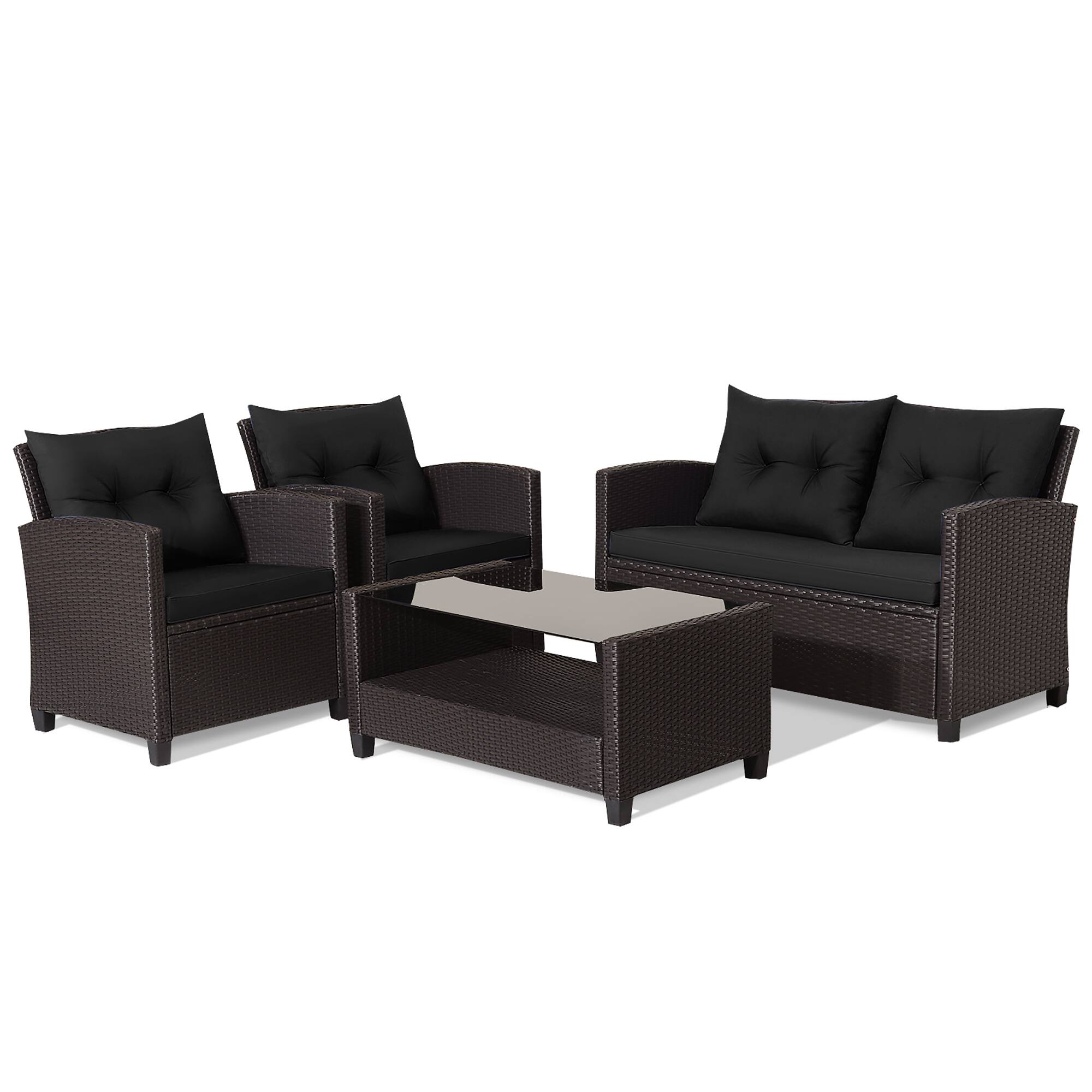 Alt View 1. Gymax - Gymax 4PCS Outdoor Conversation Set Patio PE Rattan Set w/ Glass Table & Sofa Cushions Black - Black.