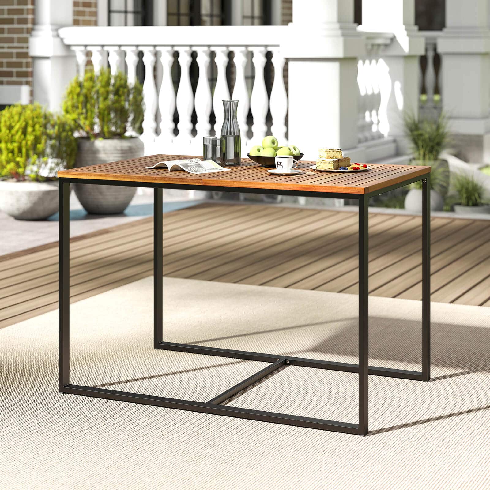 Costway - 4-Person Acacia Wood Patio Dining Table with Metal Frame for Porch, Garden, Deck - Brown
