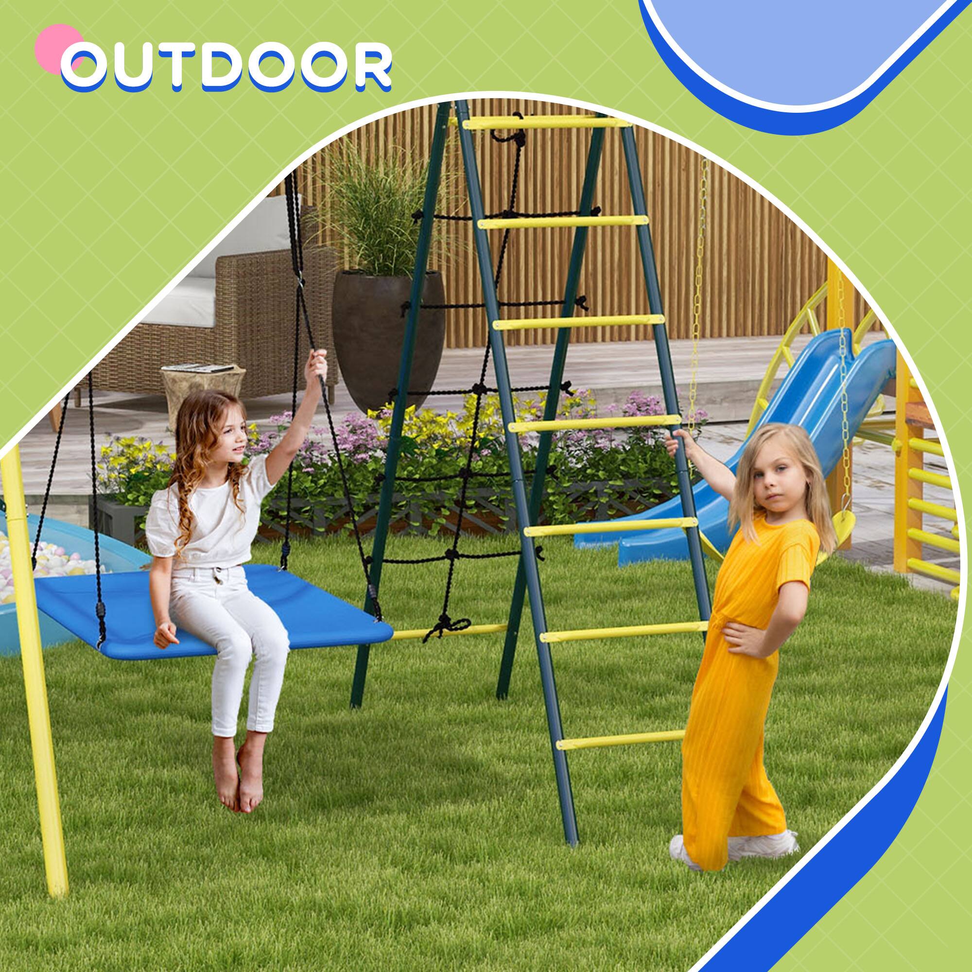 Alt View 2. Outsunny - 5 in 1 A-Frame Stand, Outdoor Playset, Saucer Swing, Slide, Swing Seats, Gym Rings, Basketball Hoop, Climbing Steps.