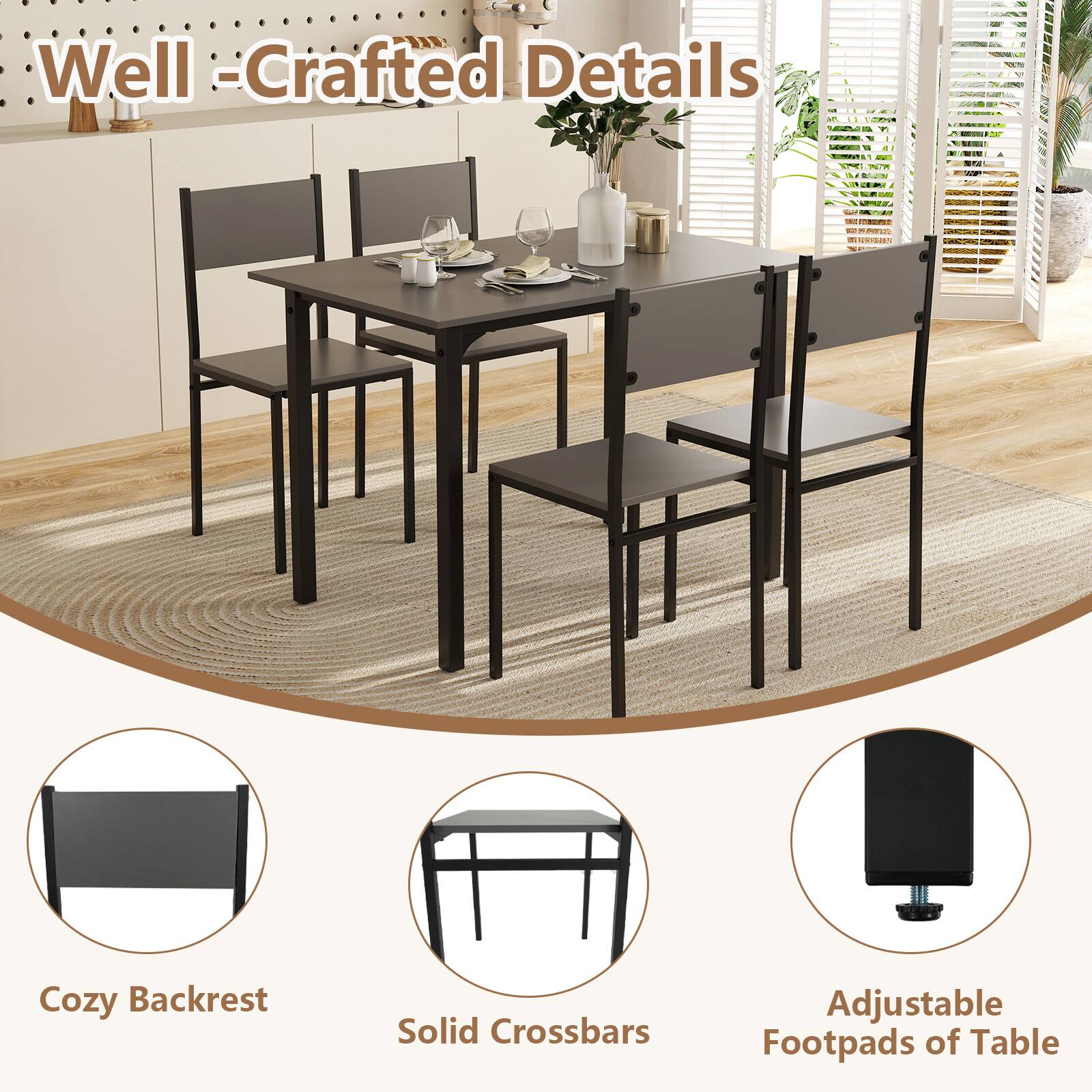Well-Crafted Details: Cozy Backrest, Solid Crossbars, Adjustable Footpads of Table