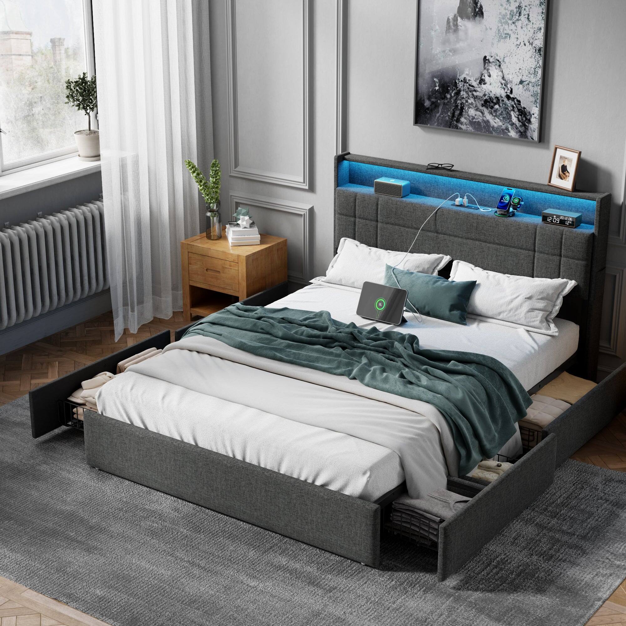 Back. Furnulem - Platform Bed Frame with 4 Underbed Drawers & Open Storage Headboard LED Light & Charging Station - Gray.