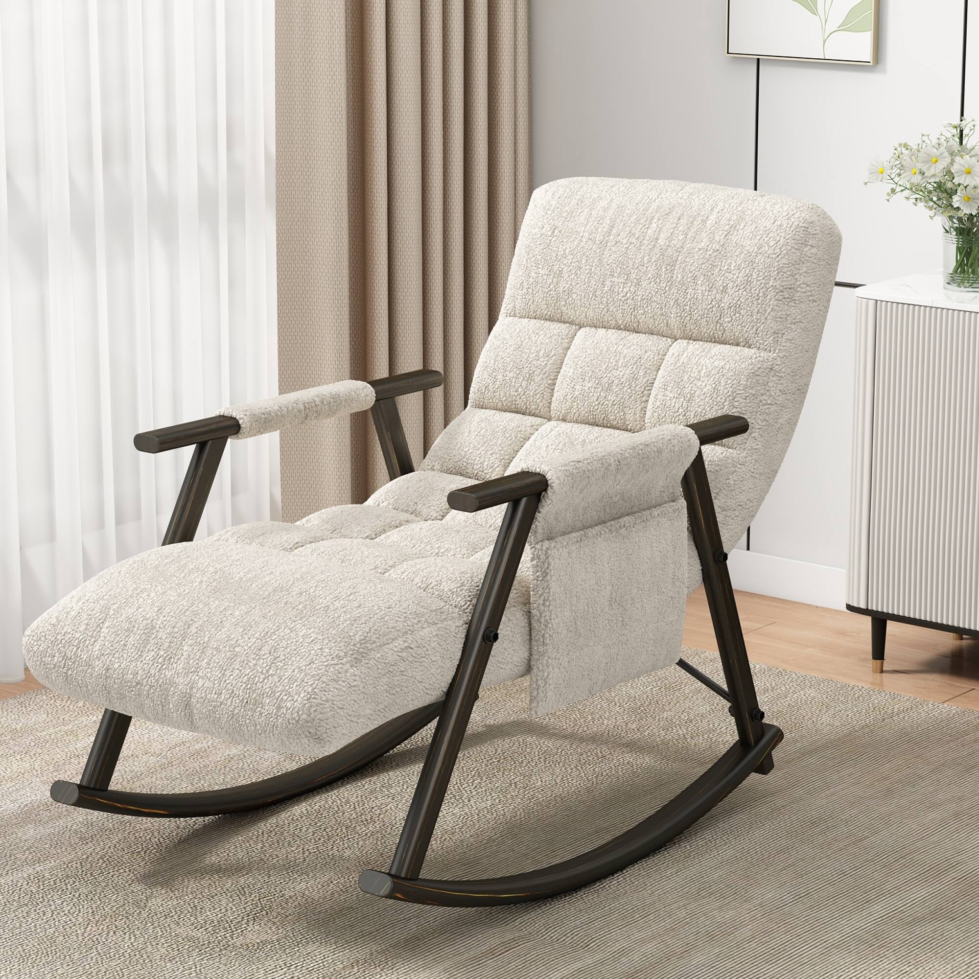 Front. GOODSILO - Adjustable High Back Casual Rocking Chair with Footrest and Side Pockets for Living Room Bedroom or Balcony - White.