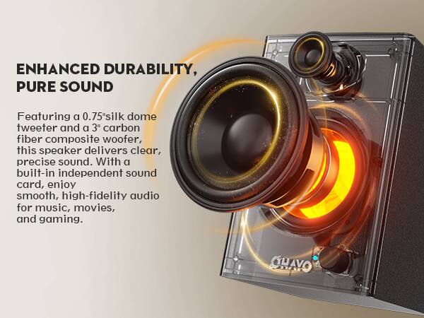 ENHANCED DURABILITY, PURE SOUND

Featuring a 0.75" silk dome tweeter and a 3" carbon fiber composite woofer, this speaker delivers clear, precise sound. With a built-in independent sound card, enjoy smooth, high-fidelity audio for music, movies, and gaming.
