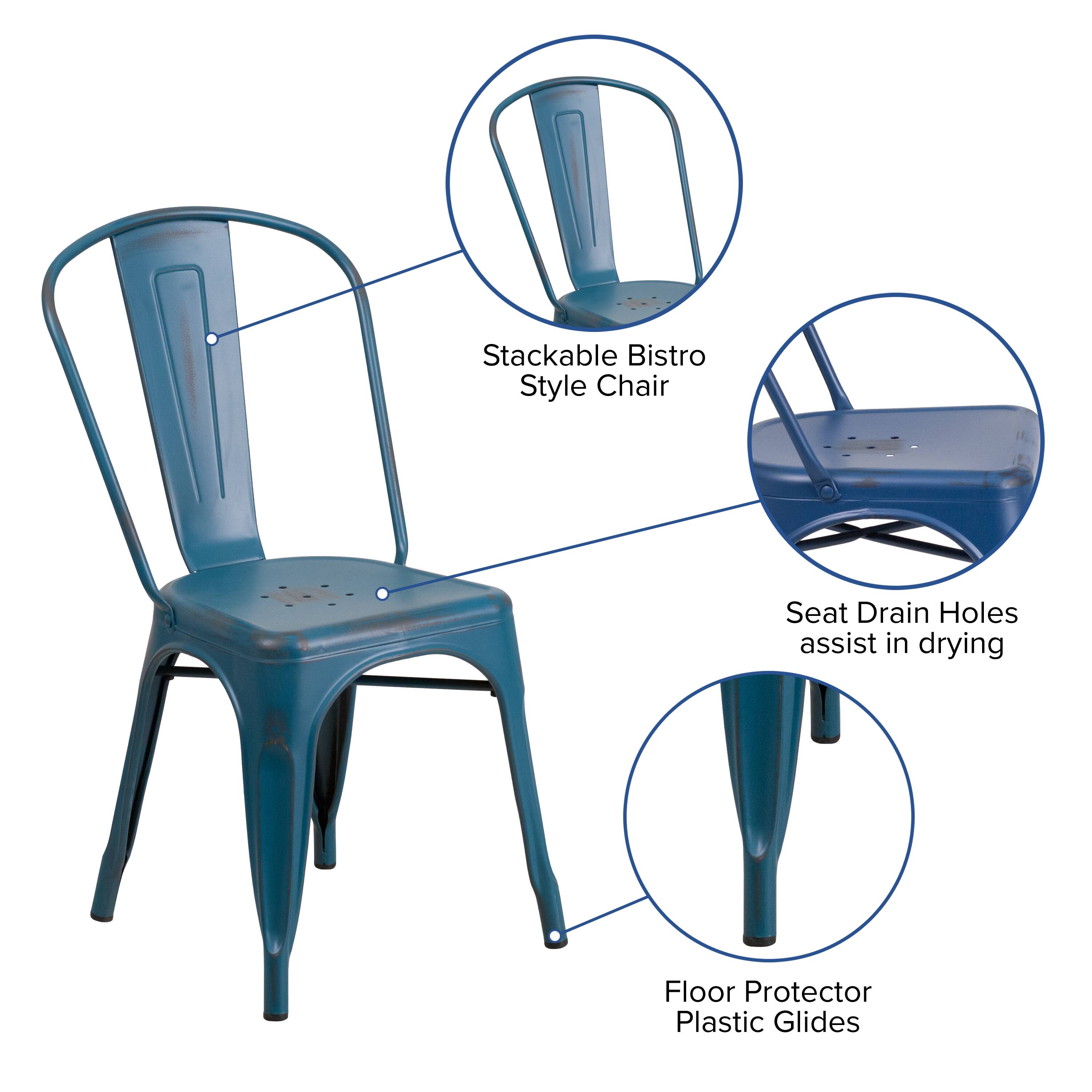 Stackable Bistro Style Chair Seat Drain Holes assist in drying Floor Protector Plastic Glides
