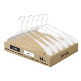 BP4U - 24-Pack Heavy Duty Metal Wide Shoulder Suit Hangers, Welded Coat Hangers with Beech Wood Pants Bar(White) - White/Natural