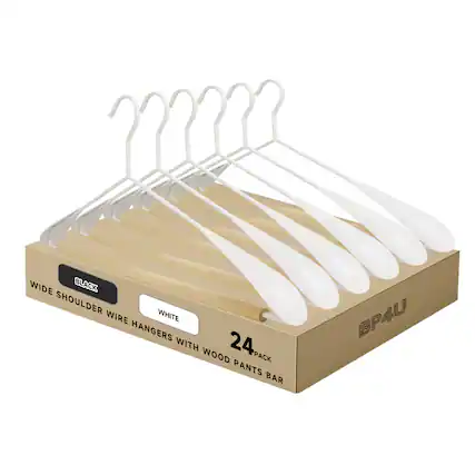 WIDE SHOULDER WIRE HANGERS WITH WOOD PANTS BAR
24 PACK
WHITE
BP4U