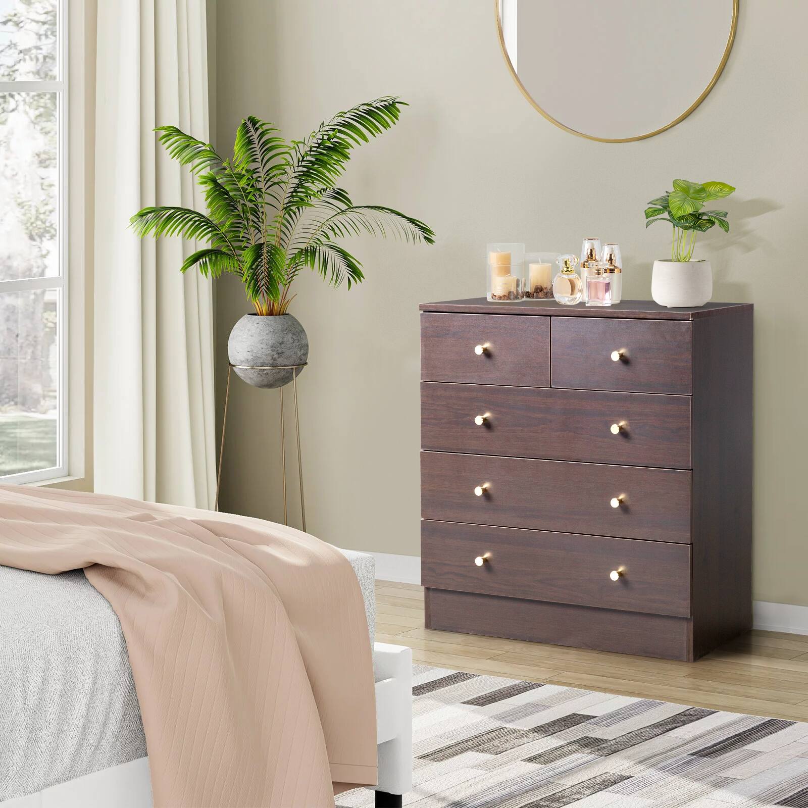 Alt View 4. Kadyn - 5 Drawer Dresser with Gold Handle, Nursery Dresser Chest Of Drawers Organizer - Brown.