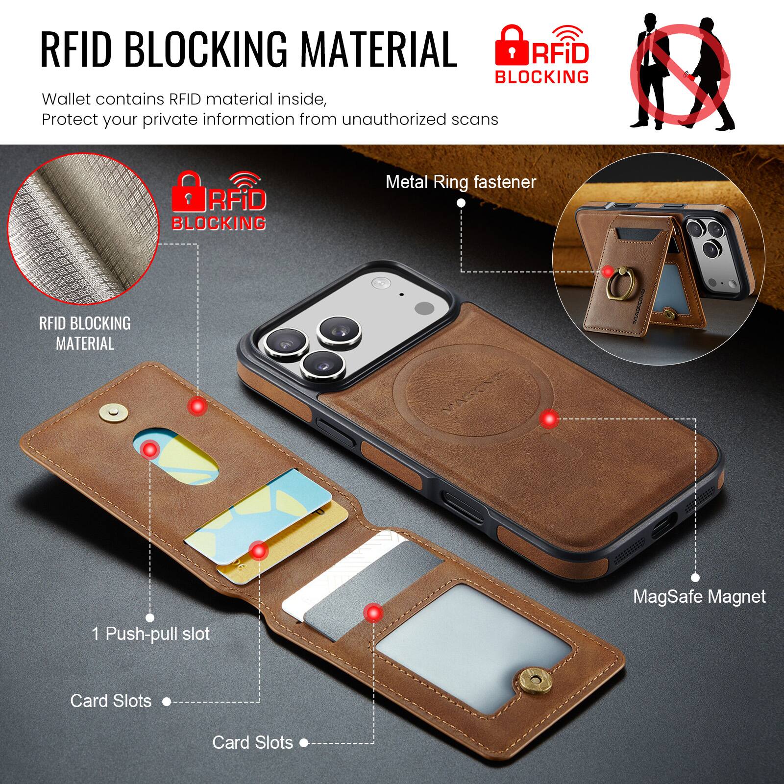RFID BLOCKING MATERIAL

Wallet contains RFID material inside, Protect your private information from unauthorized scans

RFID BLOCKING MATERIAL

Metal Ring fastener

1 Push-pull slot

Card Slots

Card Slots

MagSafe Magnet