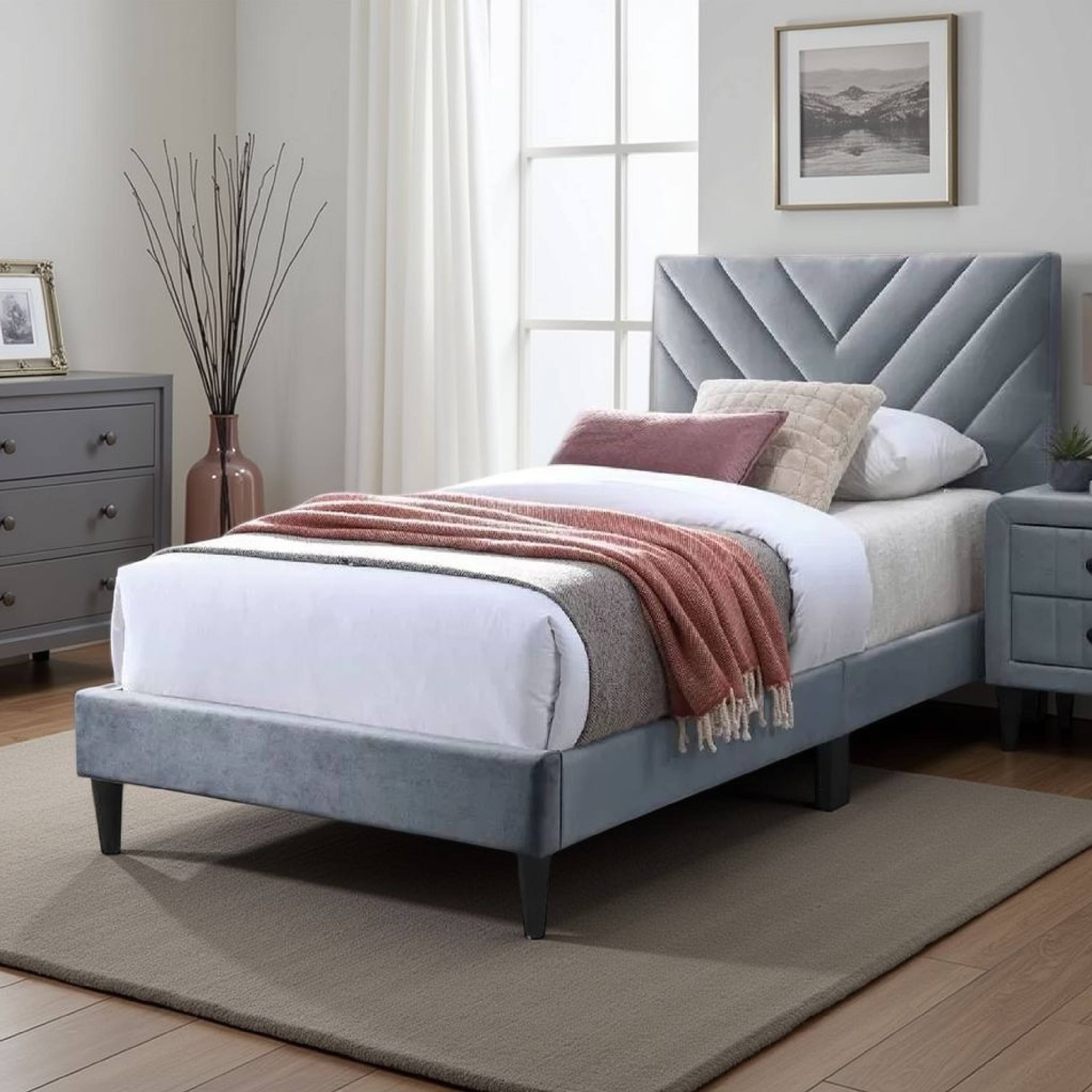 Alt View 5. Manhattan Lane - Lilian Twin Size Bed, Tufted Gray Velvet Upholstery, Chevron Stitch - Gray, Black.