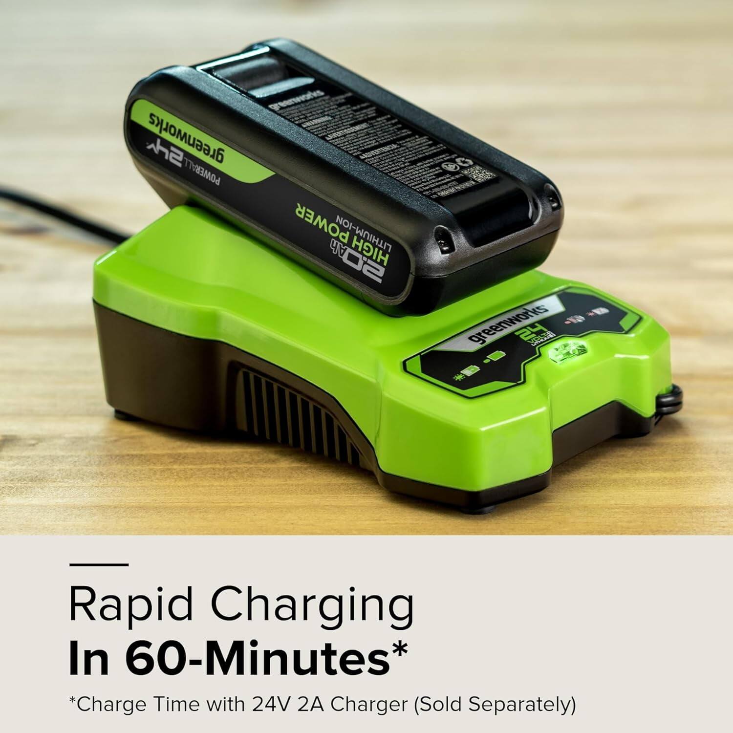 greenworks POWERALL POWER LITHIUM-ION 24V 2.0d Rapid Charging In 60-Minutes* *Charge Time with 24V 2A Charger (Sold Separately)