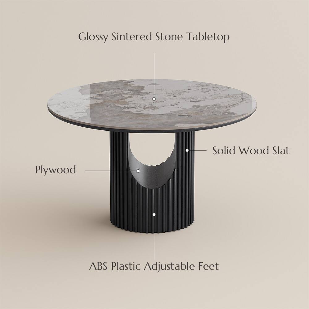 Glossy Sintered Stone Tabletop  
Solid Wood Slat  
Plywood  
ABS Plastic Adjustable Feet