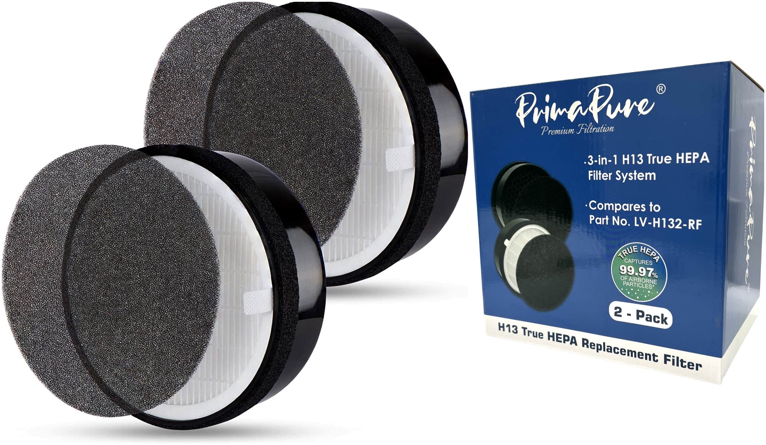 PrimaPure - 2-Pack H13 3 in 1 True HEPA Filter System Replacement for Levoit LV-H132, Replacement for LV-H132-RF Air Purifier - Black/White